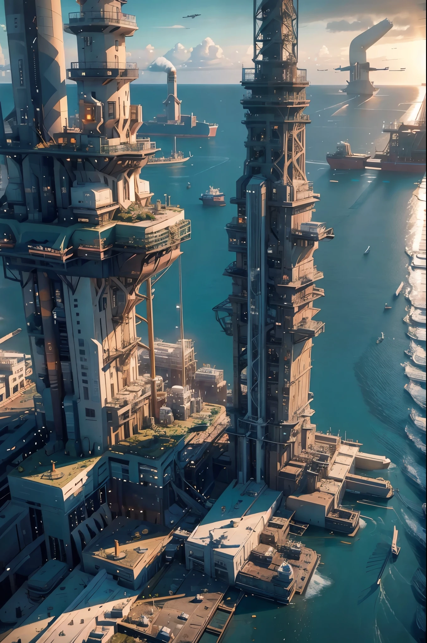 The view from the helicopter,(((The offshore plant floats on the ocean.:1.5))),(Beautiful ocean drawing),(Gentle sunset),(Night view),(Aerial photos),(((masterpiece:1.5),(highest quality:1.5),(Very detailed:1.5),(High resolution:1.5),(Realistic:1.5),(RAW Photos:1.5),(Delicate depiction),(Gentle colors))),8k,wallpaper