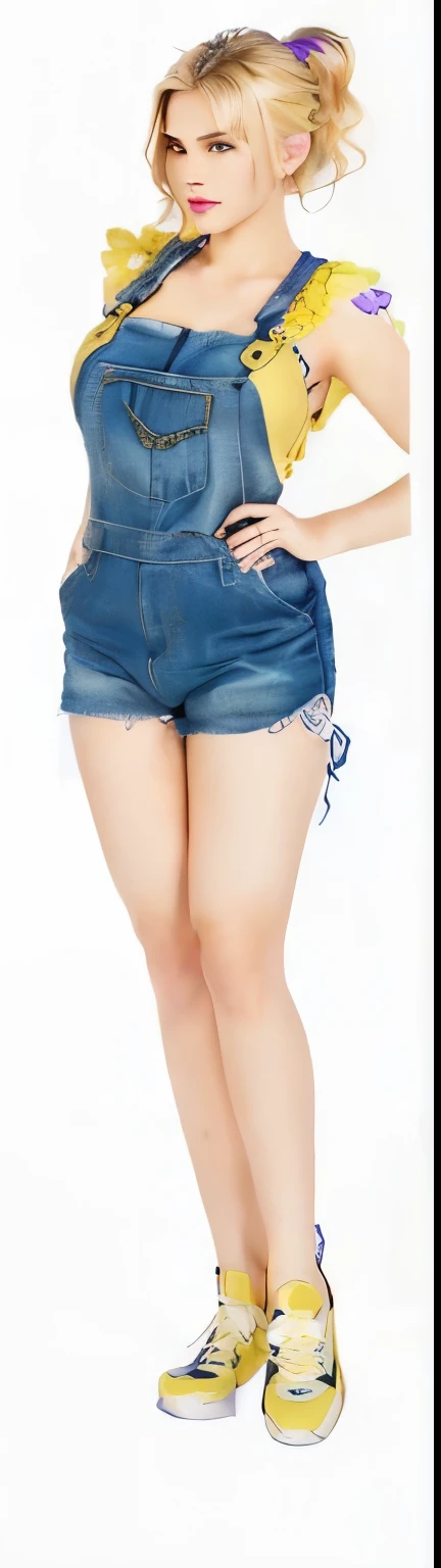 23 year old Caucasian woman, ponytail blonde hair, purple eyes, big breasts, fair skin tone, sexy, mature, yellow bikini top, blue ankle socks, yellow sneakers, overalls, (best quality,4k,8k,highres,masterpiece:1.2),ultra-detailed,(realistic,photorealistic,photo-realistic:1.37),cinematic lighting,vibrant colors,highly detailed facial features,extremely detailed eyes and face,longeyelashes,intricate clothing details,photorealistic skin texture,dynamic posing,beautiful detailed portrait