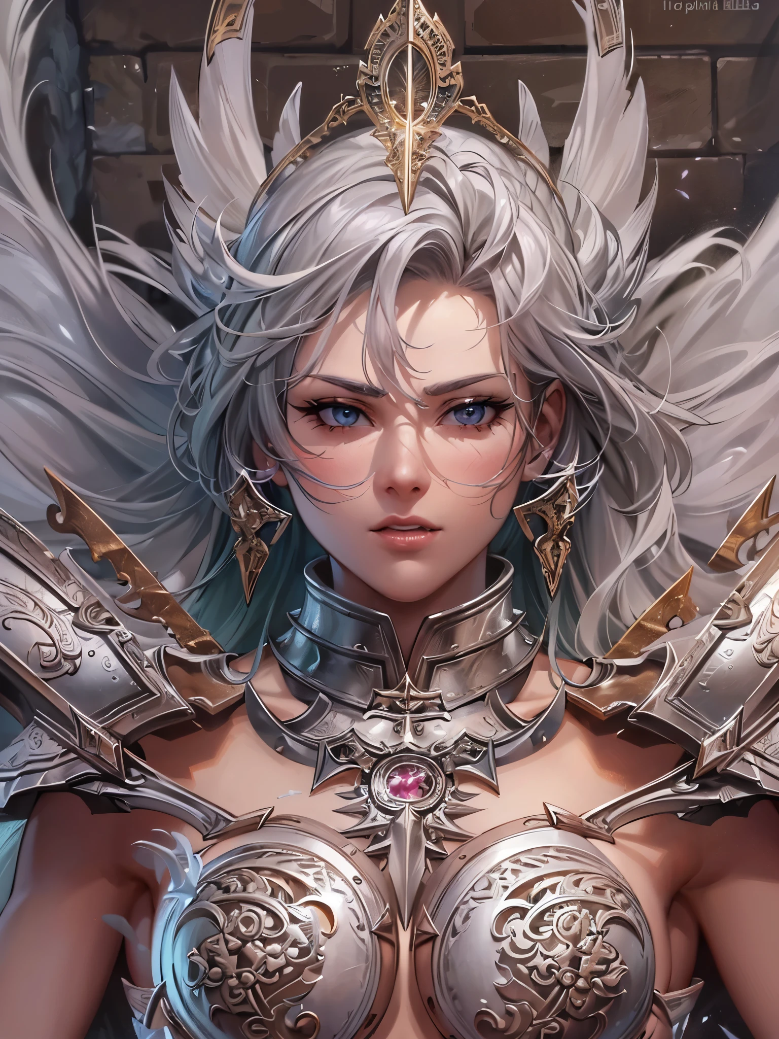((highest quality)),(Ultra-high resolution),(Very detailed),(Detailed Description),((The best CG)),(A masterpiece),Ultra-detailed art,Amazing drawing art,(Art with precise detail:1.5), (Warrior Woman Angel:1.5),Beautiful and well-proportioned face:1.3),(Spiky Hair:1.4),(Bikini armor with intricately detailed relief:1.5)