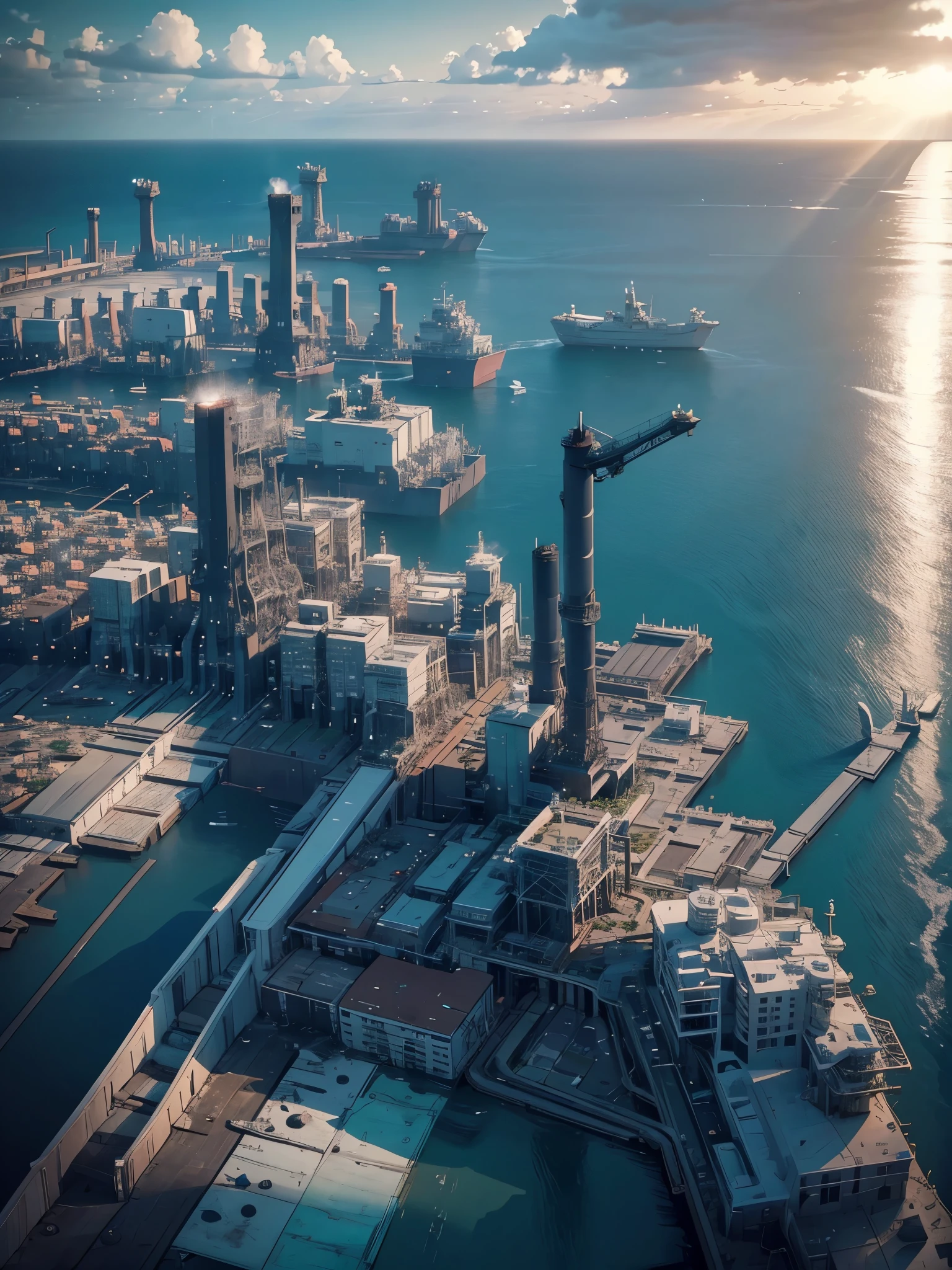 The view from the helicopter,(((The offshore plant floats on the ocean.:1.5))),(Beautiful ocean drawing),(Gentle sunset),(Night view),(Aerial photos),(((masterpiece:1.5),(highest quality:1.5),(Very detailed:1.5),(High resolution:1.5),(Realistic:1.5),(RAW Photos:1.5),(Delicate depiction),(Gentle colors))),8k,wallpaper