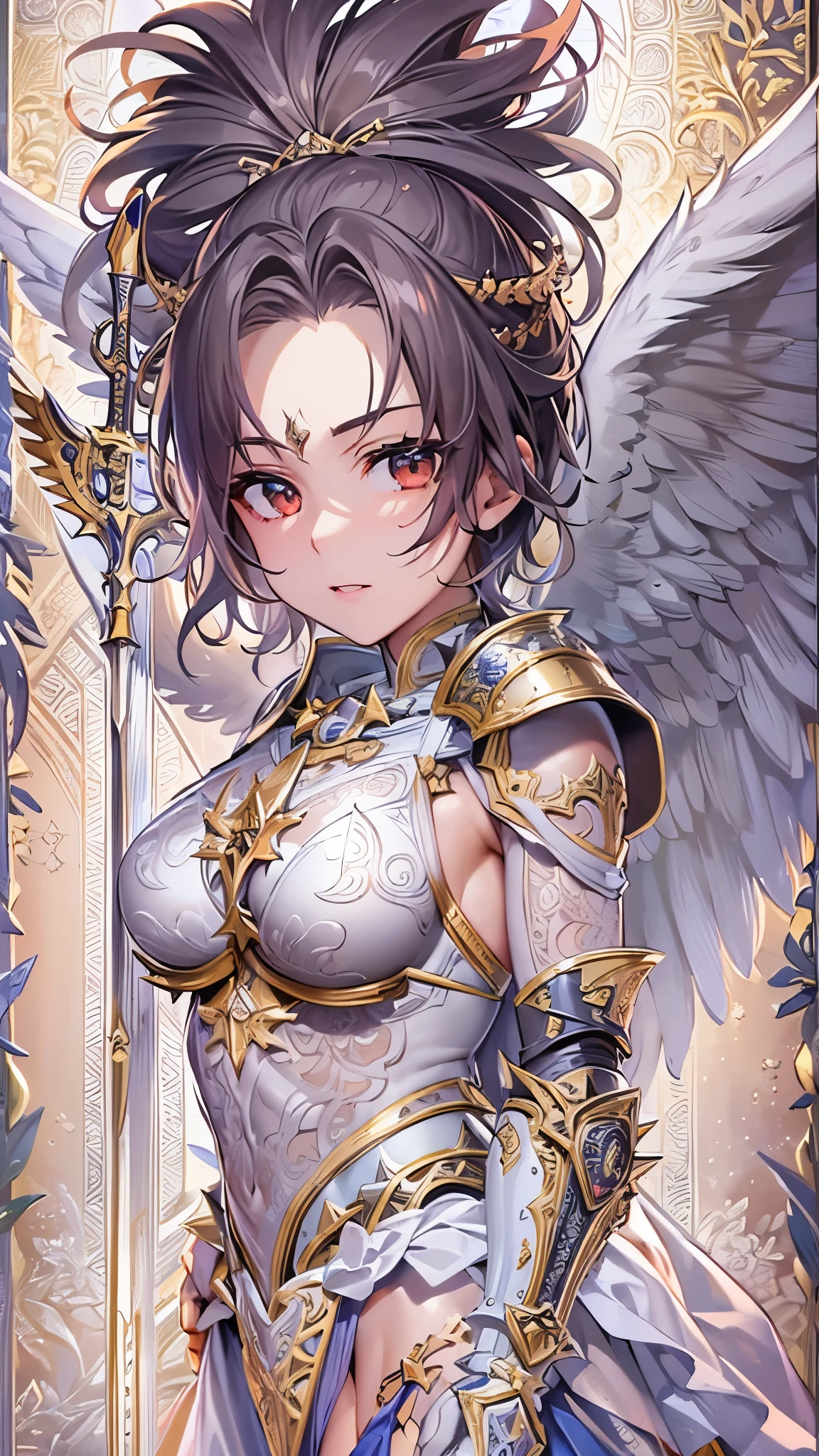 ((highest quality)),(Ultra-high resolution),(Very detailed),(Detailed Description),((The best CG)),(A masterpiece),Ultra-detailed art,Amazing drawing art,(Art with precise detail:1.5), (Warrior Woman Angel:1.5),Beautiful and well-proportioned face:1.3),(Spiky Hair:1.4),(Bikini armor with intricately detailed relief:1.5)
