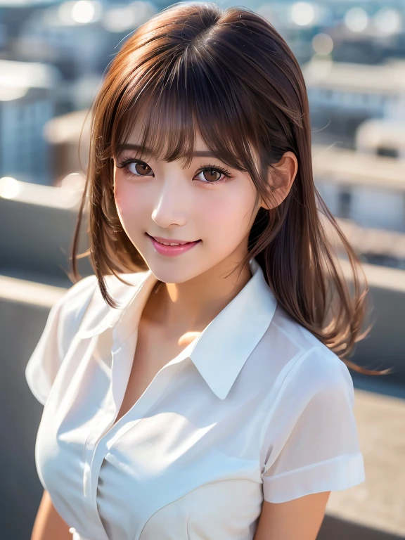 masterpiece, Upper Shot, One girl per photo, Front view, Young and beautiful woman in Japan, Standing on the school rooftop with a big smile, Attractive appearance, Wearing a short-sleeved white collared silk shirt and a plain shiny red satin bow tie, Wearing a long navy blue pleated skirt, Super cute face, Glossy lips, Strong winds blow away my hair, Double eyelids on both eyes, Natural Makeup, Long eyelashes, Shiny, smooth, light brown medium length hair, Asymmetrical bangs, Sunburned skin, Center image, 8K resolution, High detail, Detailed hairstyle, Detailed face, Spectacular movie lighting, Octane Rendering, Vibrant, Ultra-realistic, Perfect limbs, Perfect Anatomy、bra under dress