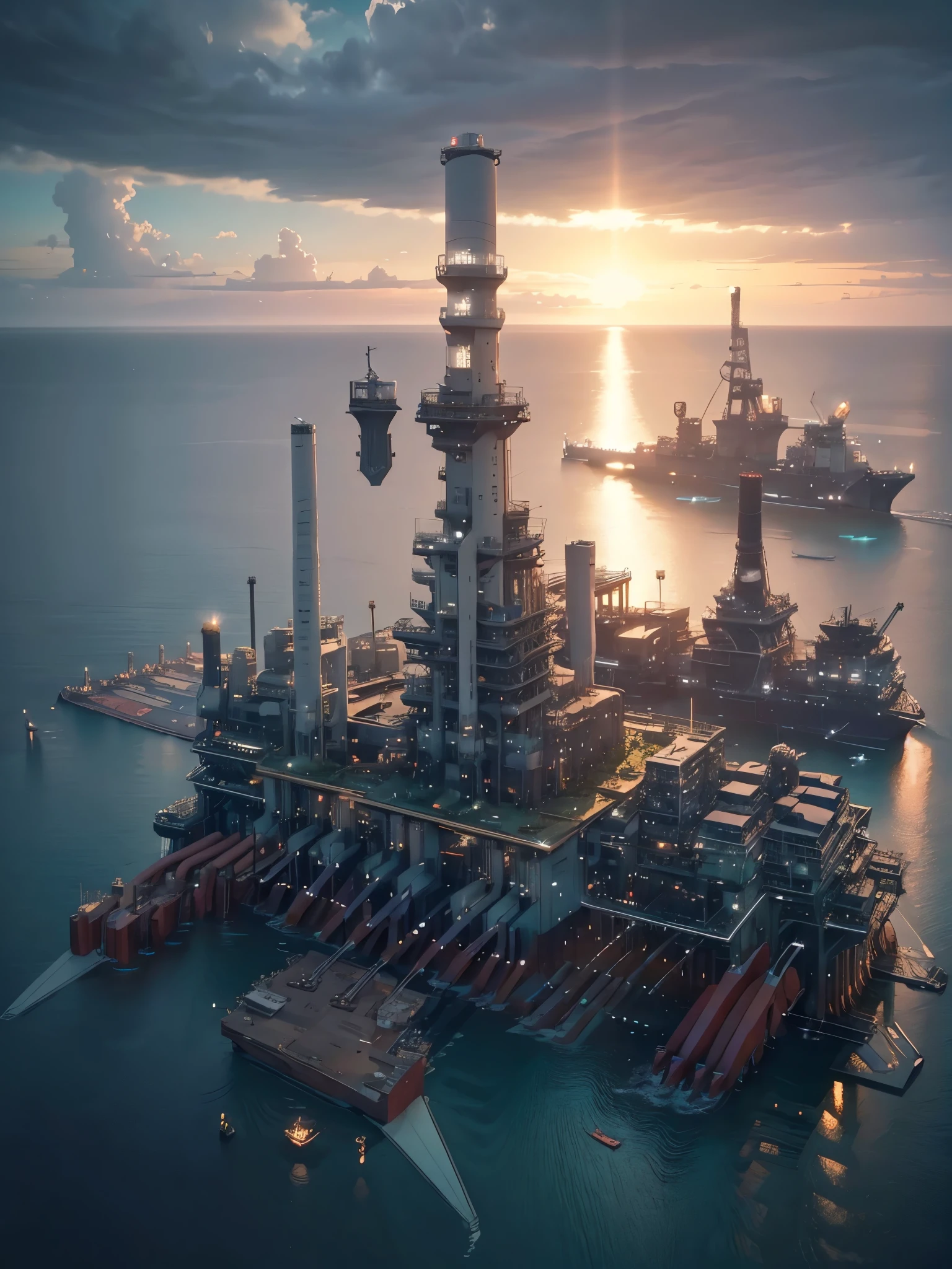 The view from the helicopter,(((The offshore plant floats on the ocean.:1.5))),(Beautiful ocean drawing),(Gentle sunset),(Night view),(Aerial photos),(((masterpiece:1.5),(highest quality:1.5),(Very detailed:1.5),(High resolution:1.5),(Realistic:1.5),(RAW Photos:1.5),(Delicate depiction),(Gentle colors))),8k,wallpaper