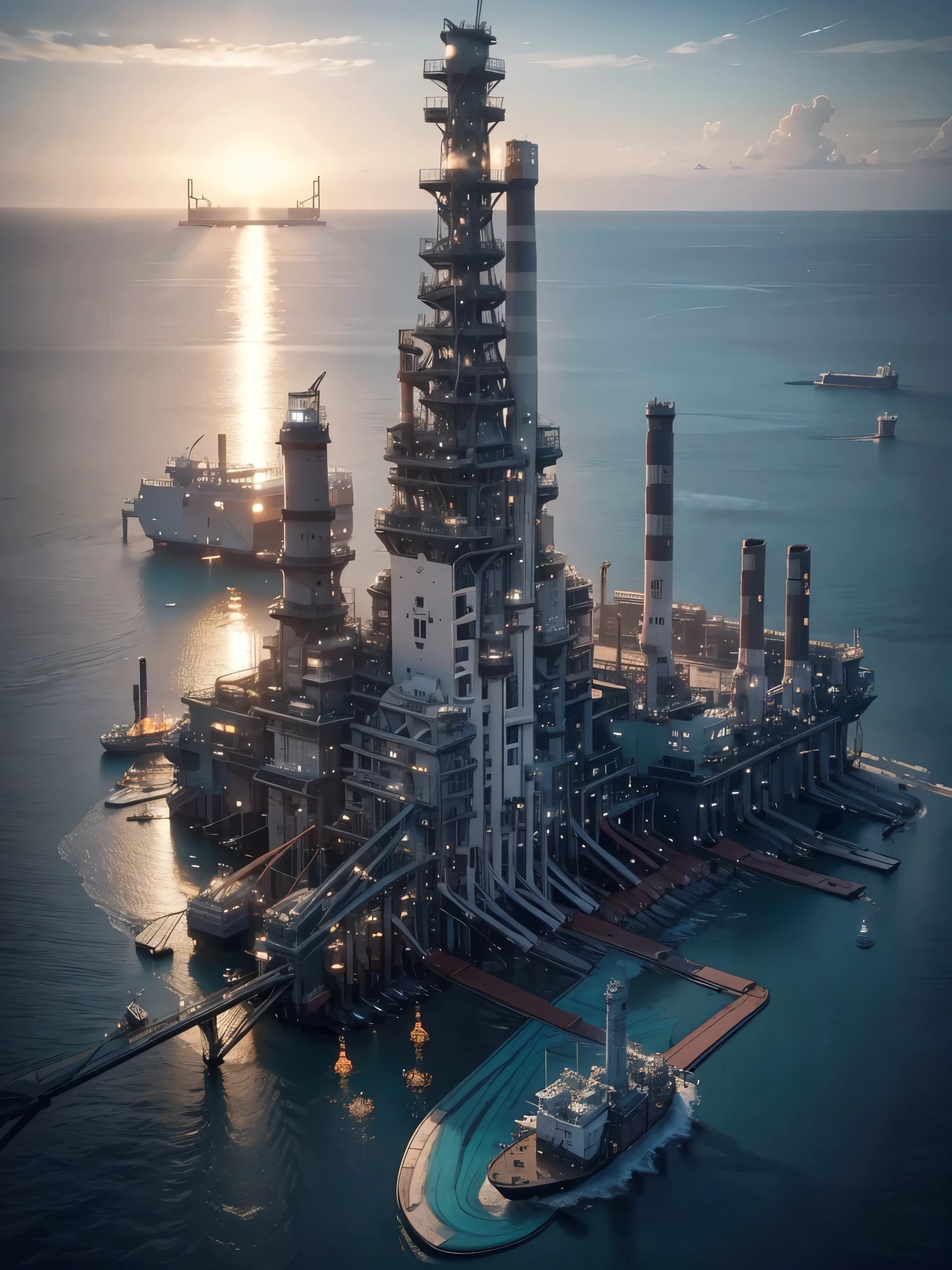 The view from the helicopter,(((The offshore plant floats on the ocean.:1.5))),(Beautiful ocean drawing),(Gentle sunset),(Night view),(Aerial photos),(((masterpiece:1.5),(highest quality:1.5),(Very detailed:1.5),(High resolution:1.5),(Realistic:1.5),(RAW Photos:1.5),(Delicate depiction),(Gentle colors))),8k,wallpaper