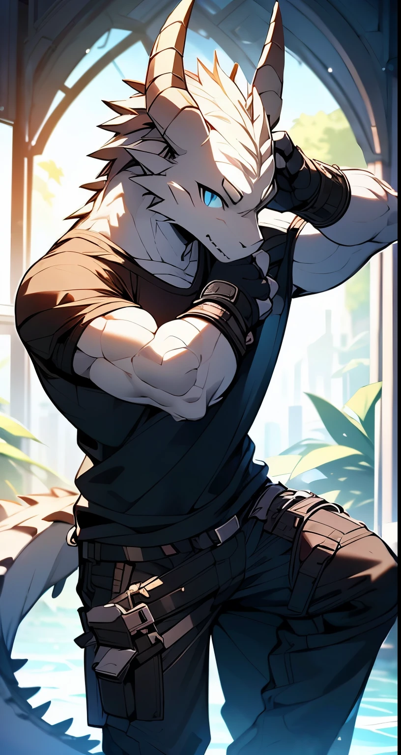 Masterpiece, Cool Pose, Furry Gray Dragon, Medium Strong Body, Blue Eyes, Grey Medium Hair, Combat Black Shirt, Combat Gloves, Combat Pants, Fierce, Good looking