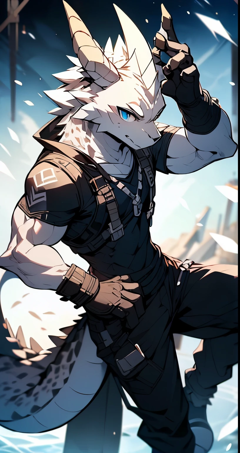 Masterpiece, Cool Pose, Furry Gray Dragon, Medium Strong Body, Blue Eyes, Grey Medium Hair, Combat Black Shirt, Combat Gloves, Combat Pants, , Good looking 
