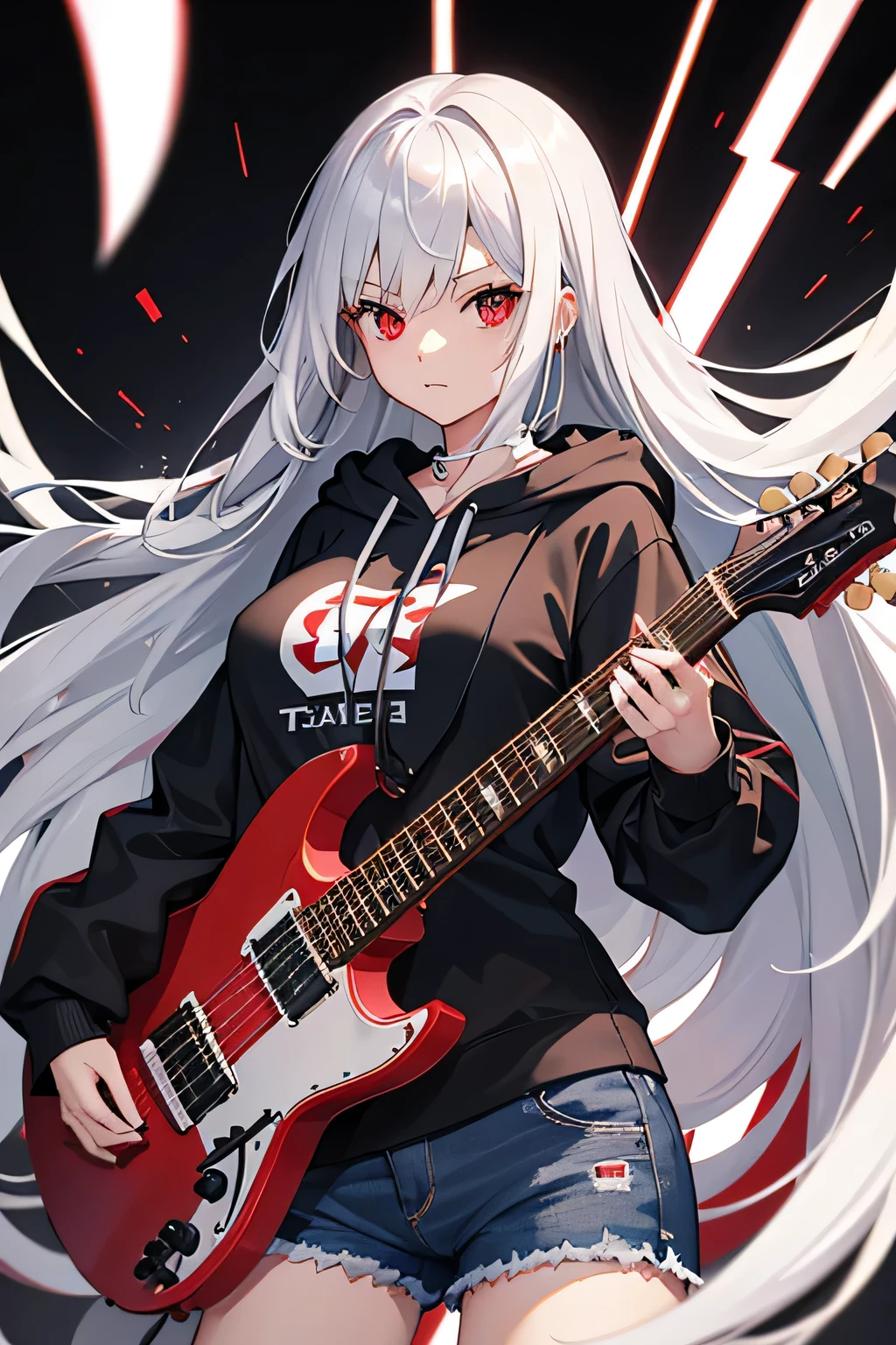 background through, long hair、 straight hair、 silver hair girl, red eyes、 Super high quality, 8K、Upper body、 black background、 Band vocals、 (black hoodie)、 ((big tits)), ((Young face)), ((Red Electric Guitar)), denim shorts,