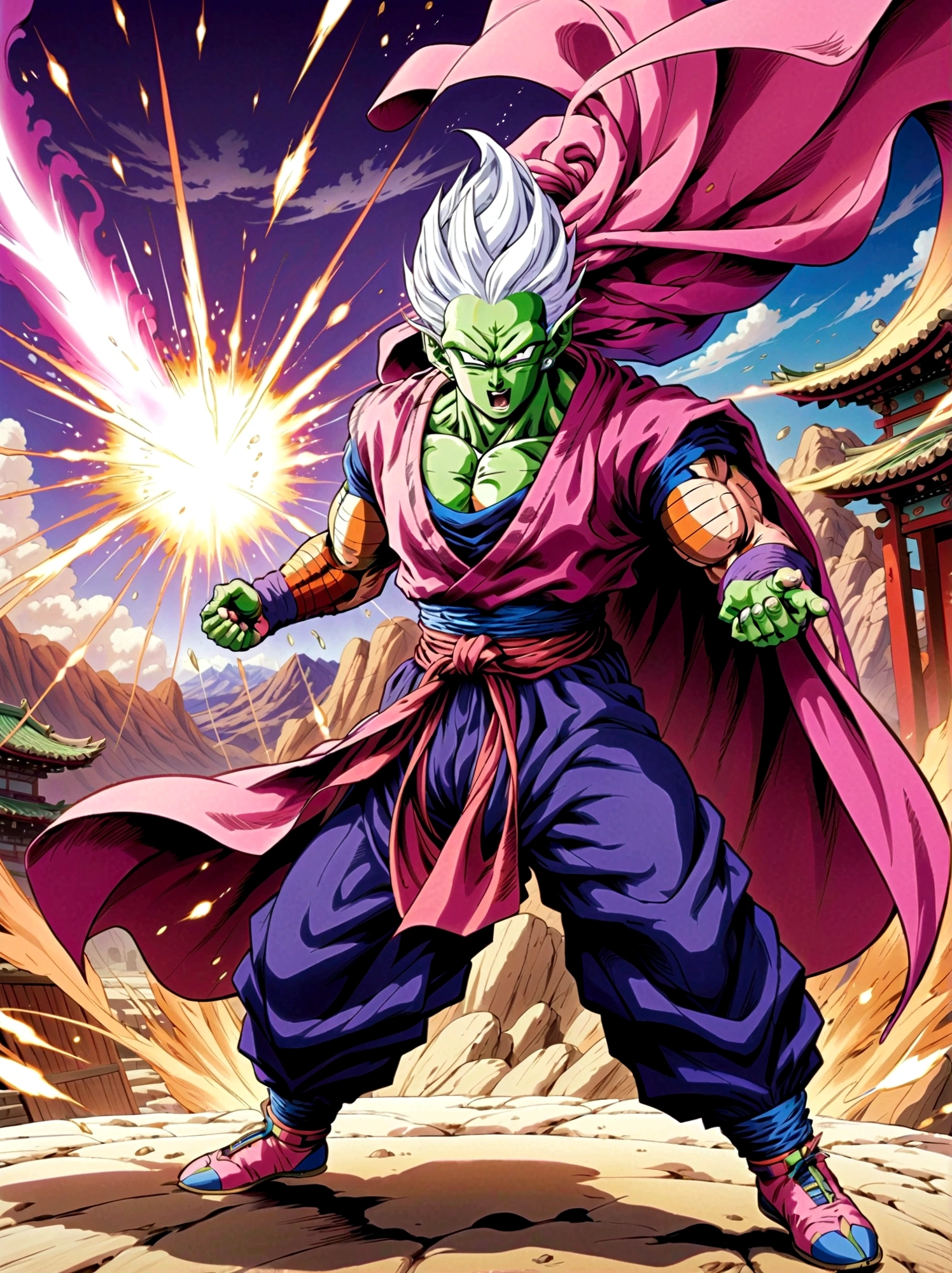 piccolo, green skin, pointy ears, black eyes, oni horns, pink patches, white cape, white turban, purple dougi, purple pants, blue sash, brown shoes, ，Looking at the audience，Dynamic poses，fighting，Explosion，Explosion Background，Martial arts tournament background