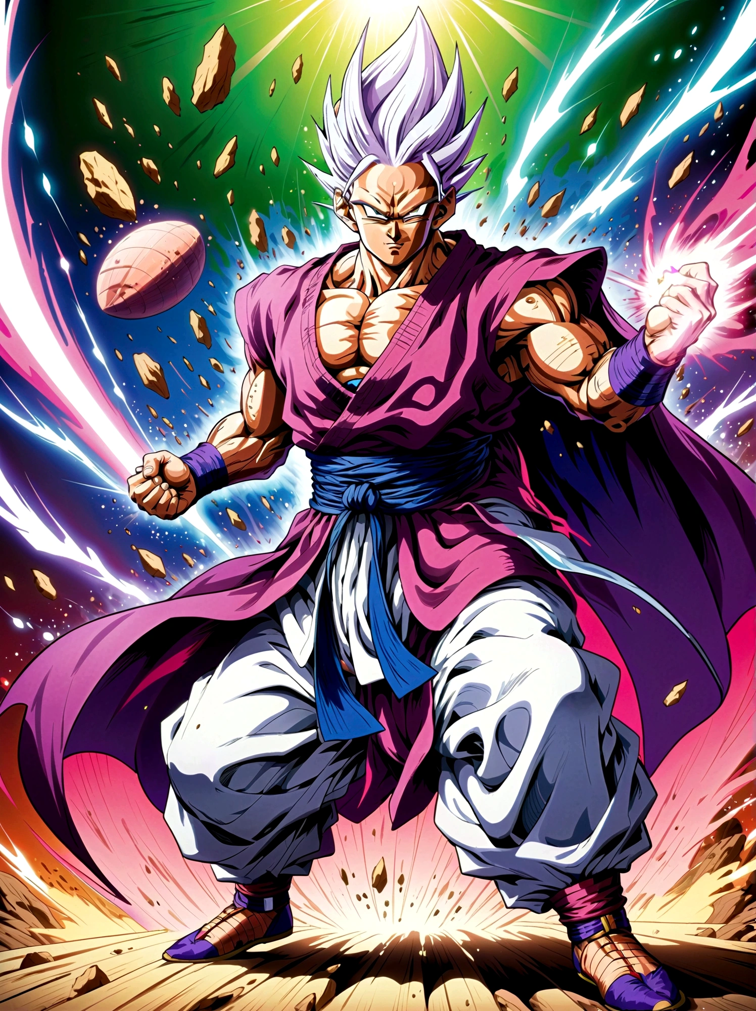 piccolo, green skin, pointy ears, black eyes, oni horns, pink patches, white cape, white turban, purple dougi, purple pants, blue sash, brown shoes, ，Looking at the audience，Dynamic poses，fighting，Explosion，Explosion Background，Martial arts tournament background