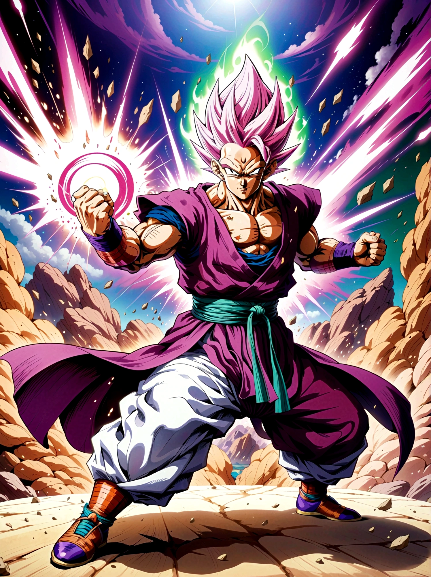 piccolo, green skin, pointy ears, black eyes, oni horns, pink patches, white cape, white turban, purple dougi, purple pants, blue sash, brown shoes, ，Looking at the audience，Dynamic poses，fighting，Explosion，Explosion Background，Martial arts tournament background