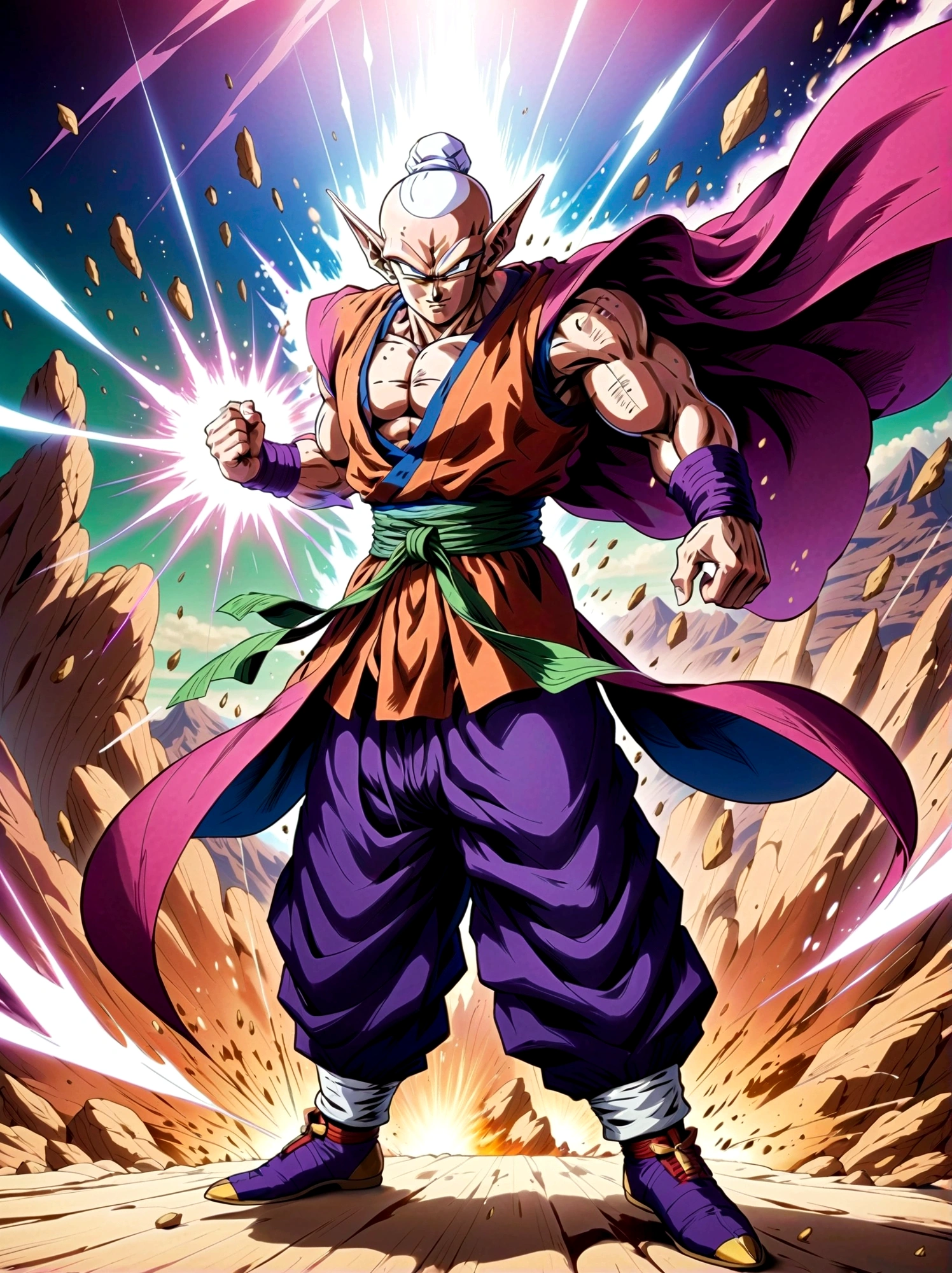 piccolo, green skin, pointy ears, black eyes, oni horns, pink patches, white cape, white turban, purple dougi, purple pants, blue sash, brown shoes, ，Looking at the audience，Dynamic poses，fighting，Explosion，Explosion Background，Martial arts tournament background