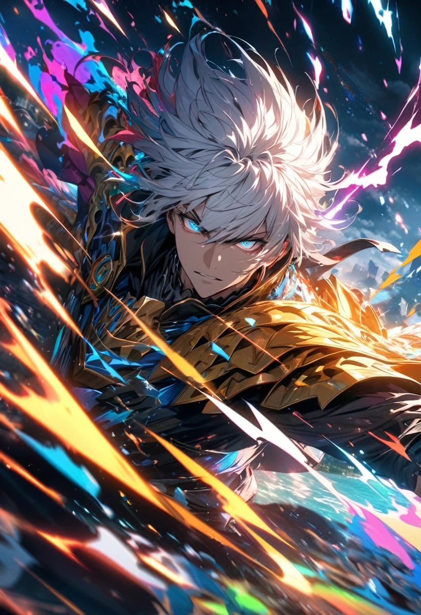 absurdres, highres, ultra detailed, HDR, masterpiece, extremely detailed face and eyes, dragon knight , colorful white hair , , solo, man, handsome, , , Epic fight scene, colorful water splashing effect,colorful lightning effect,glowing glitters