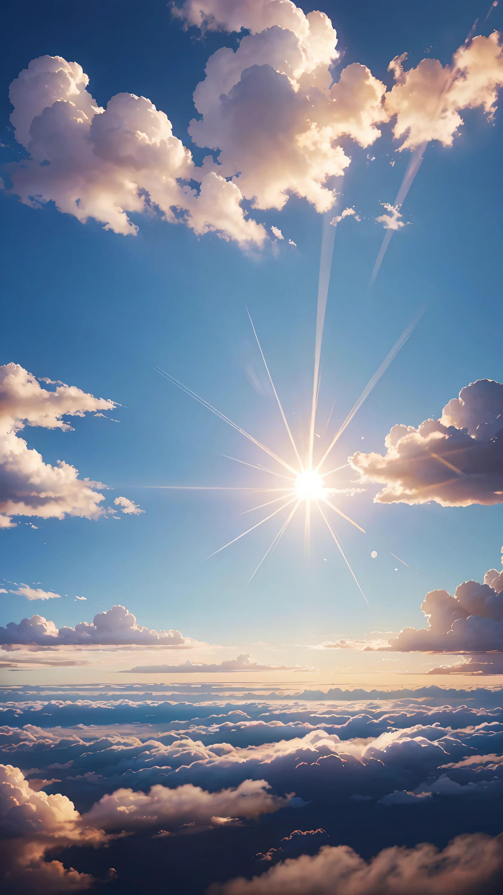 a blue sky with clouds and sun shining through the clouds, a matte painting by Makoto Shinkai, featured on pixiv, rayonism, god rays, anime, matte painting