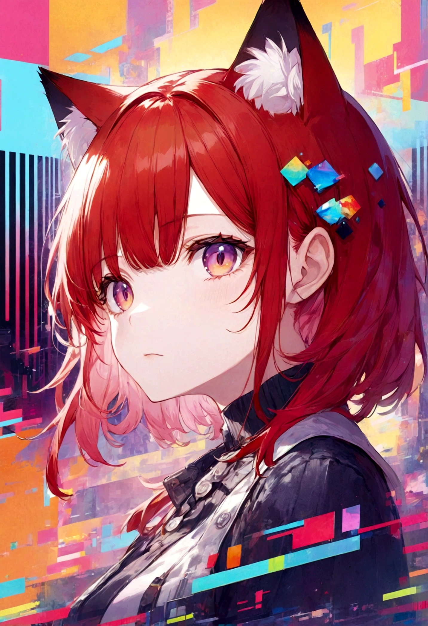(masterpiece, Top quality, best quality, Official Art, beautiful and aesthetic:1.2), 1 Girl, Red hair, Cat ears, (glitch art), (digital distortion), Pixelate fragments, Data corruption,Colored Noise, Visual confusion,Contemporary Aesthetics