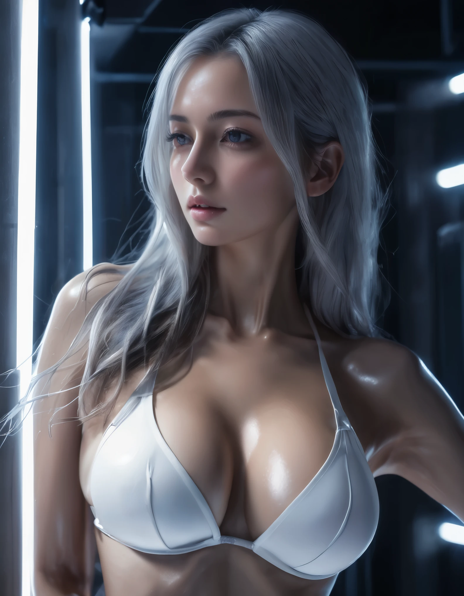 (nsfw:1.2), (masterpiece, Best Quality, hyper Realistic:1.6),
BREAK
beautiful sexy young woman, ig model, high detail, (Happy:1.2),(wide angle, gravure pose, all body shot, full body in frame:1.3),
BREAK
(very slim waist:1.2), (perfect balanced Soft huge breasts, Cramped breasts, cleavage, large buttocks, beautiful long legs:1.4), A glamorous body with clothes, exuding a sculptural beauty, (Realistic Soft skin texture, oily skin, White and beautiful Silky skin:1.4),
hyper small head, (Detailed face and eyes), cute and Pretty slim face, Duck mouth, perfect beautiful Tooth, arranged gray hair, looking viewer,
BREAK (Detailed Cyber Black bikini:1.2),
Soft texture, minimalistic beauty, wearing technical Sneakers, advanced technology, harmonious stance,
BREAK
(In a dimly lit room, the White neon glows brilliantly, The interior of a futuristic colony, with mist drifting and steam rising from concrete),