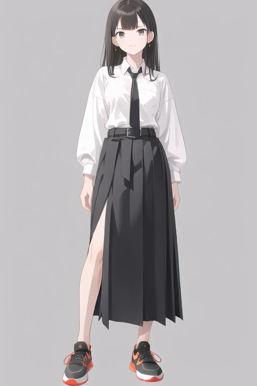 white shirt, long tie through a gray belt, long skirt to gray shoes, full body, Nike shoes, black belt.