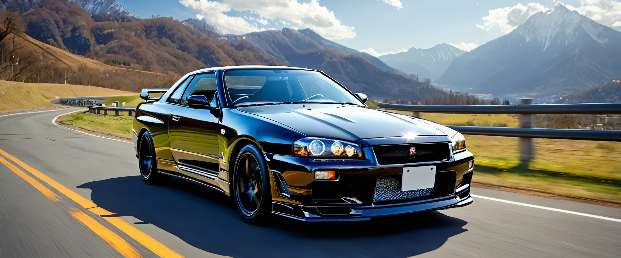 A black 2000 Nissan Skyline GT-R、A glimpse of the car cruising along the roads in the sunlight.、Picturesque mountain々Against the backdrop of、Photorealistic and hyper-realistic、And it's an absolutely stunning depiction.。This high-definition masterpiece is packed with attention to detail.、It feels like you're stepping out of the wallpaper onto the road。The sun sets behind the mountains、Casts a long, dramatic shadow、Adding a touch of surrealism to this car enthusiast's dream。
