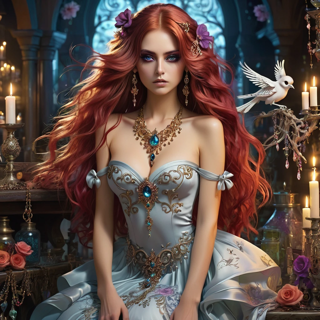 1 topless girl, long bloody hair, seductive eyes, mysterious expression, mature appearance, charming dress, flowing short dress, elegant jewelry, intricate decoration, magic symbols, glowing accessories, potions, scrolls, cute accents, bows, ribbons, flowers, birds, skeleton