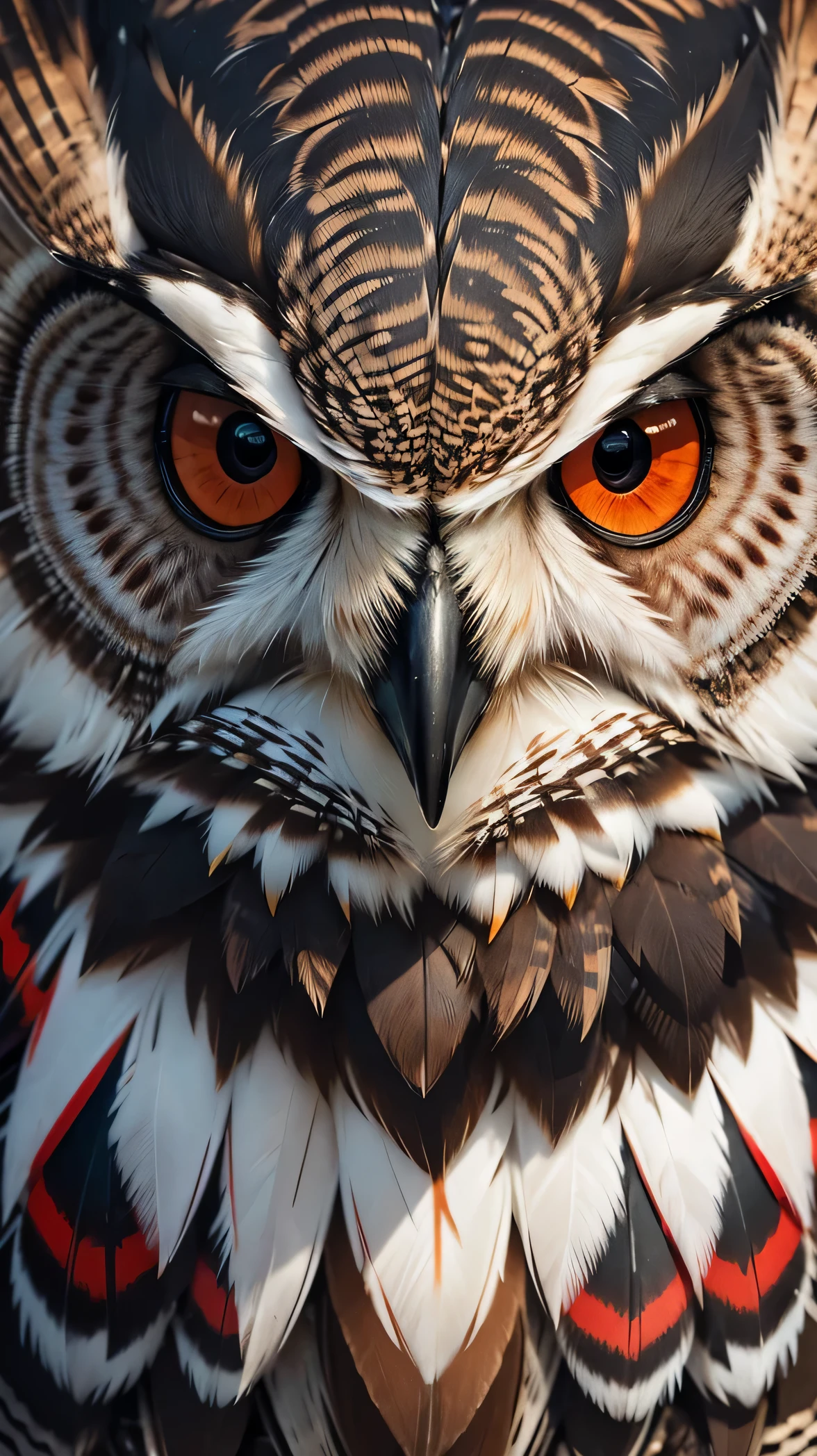 a close up of an owl with red and black feathers, owl, superb detail 8 k masterpiece, detailed beautiful animals, hyperrealistic robot owl, superb detail 8 k, digital art animal photo, behance. polished, birds f cgsociety, realistic. detailed feathers, detailed realistic beautiful, portrait of a geometric owl, great digital art with details