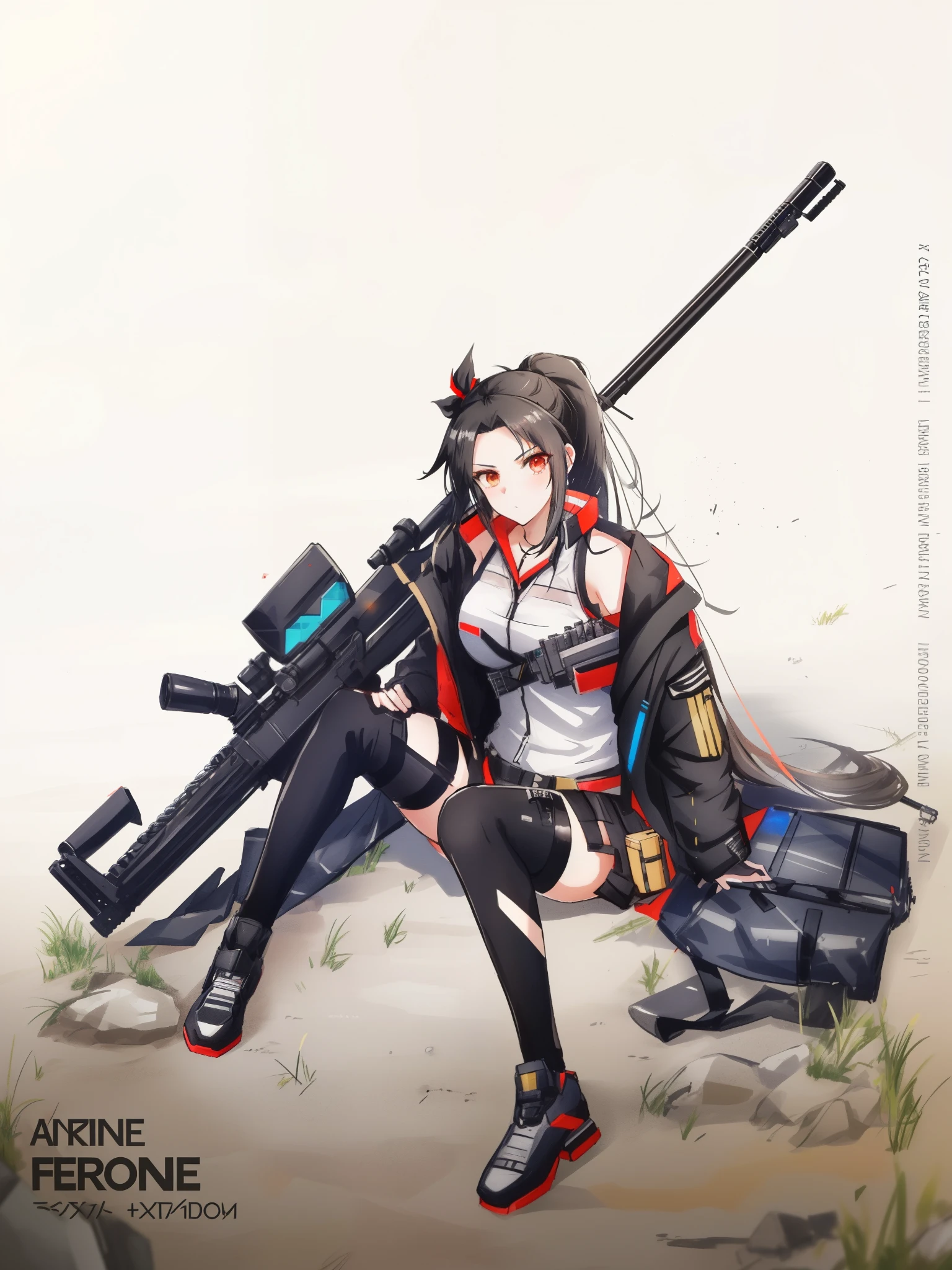 (ponytail forehead hair pulled back:1.3), (black hair:1.3), anime girl with gun and rifle sitting on a rock, fine details. girls frontline, girls frontline style, girls frontline cg, from girls frontline, girls frontline, girls frontline universe, m4 sopmod ii girls frontline, female action anime girl, mechanized soldier girl, anime machine gun fire, anime girls, soldier girl, rb6s), anime best girl