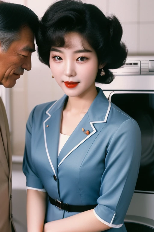 (((1 korean young girl and 1 old korean man facing each other))), {(1 korean young girl), big breasts, strikingly beautiful, delicate facial features, porcelain skin, expressive eyes, black hair, red lips, (hairstyle of the 1980s), (her hair styled in classic pin curls), Visualize a vintage 1980s Korean washing machine advertisement. To the left of the washing machine, a youthful Korean woman, dressed in a stylish 1980s attire, beams with delight. Her hair is styled in the signature 80s big hair fashion, and she holds a bunch of clean}, white laundry, emphasizing the washing machine's efficiency, (((60 years old korean man wearing business suit))), (((60 years old korean man hugging on korean young girl's chest))), focus on old man,