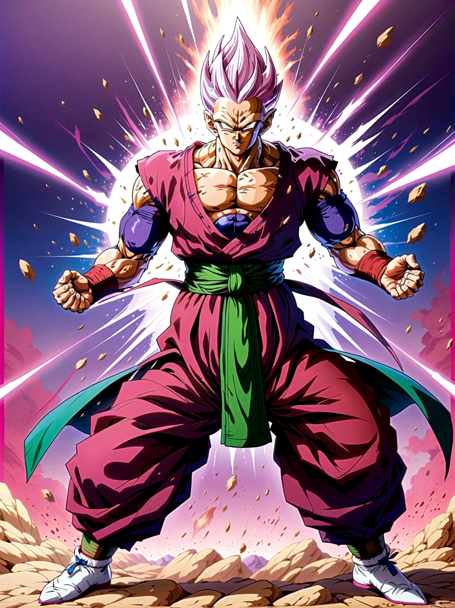 piccolo, green skin, pointy ears, black eyes, oni horns, pink patches, white cape, white turban, purple dougi, purple pants, blue sash, brown shoes, ，Looking at the audience，Dynamic poses，fighting，Explosion，Explosion Background，Martial arts tournament background