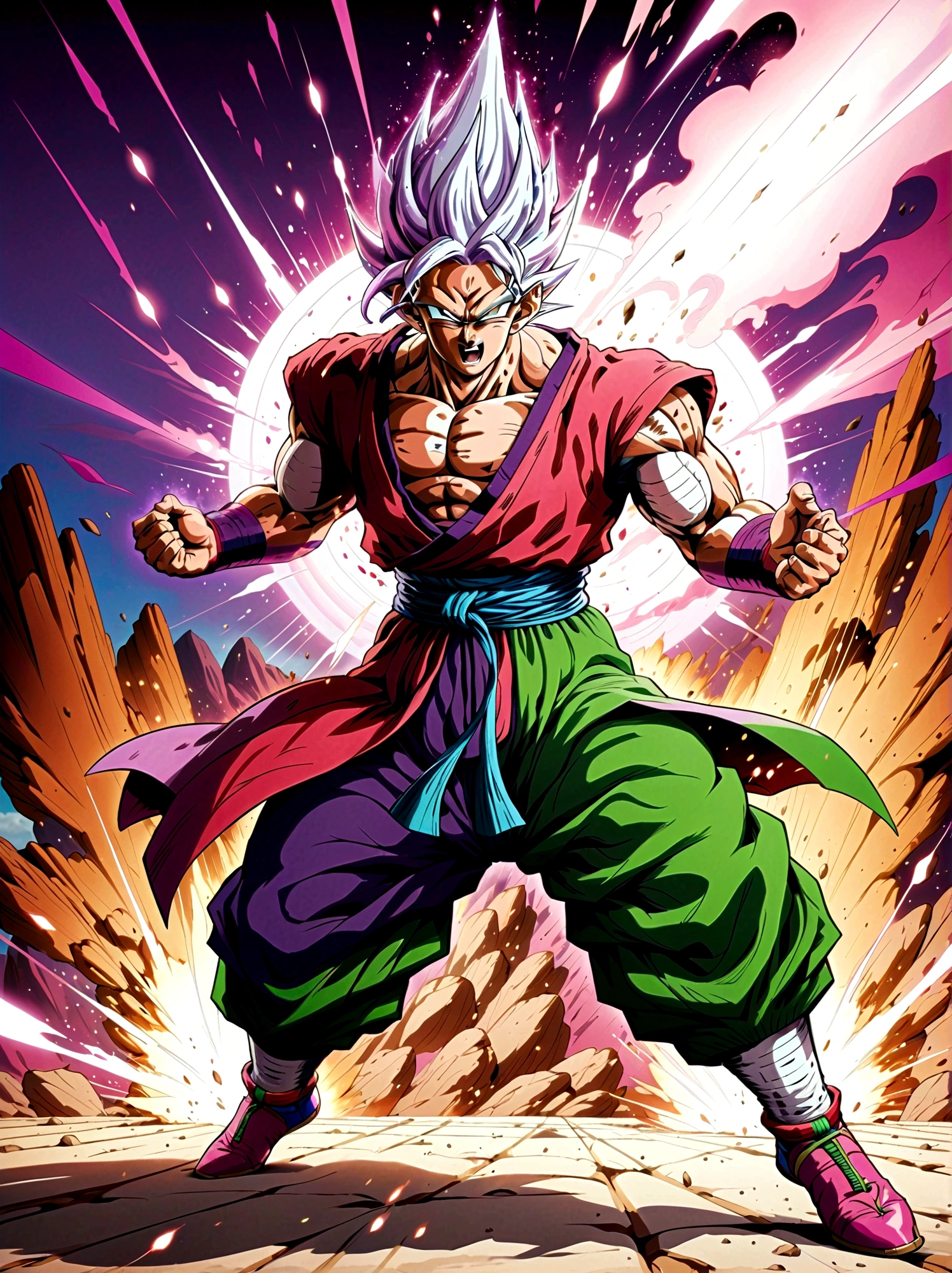 piccolo, green skin, pointy ears, black eyes, oni horns, pink patches, white cape, white turban, purple dougi, purple pants, blue sash, brown shoes, ，Looking at the audience，Dynamic poses，fighting，Explosion，Explosion Background，Martial arts tournament background