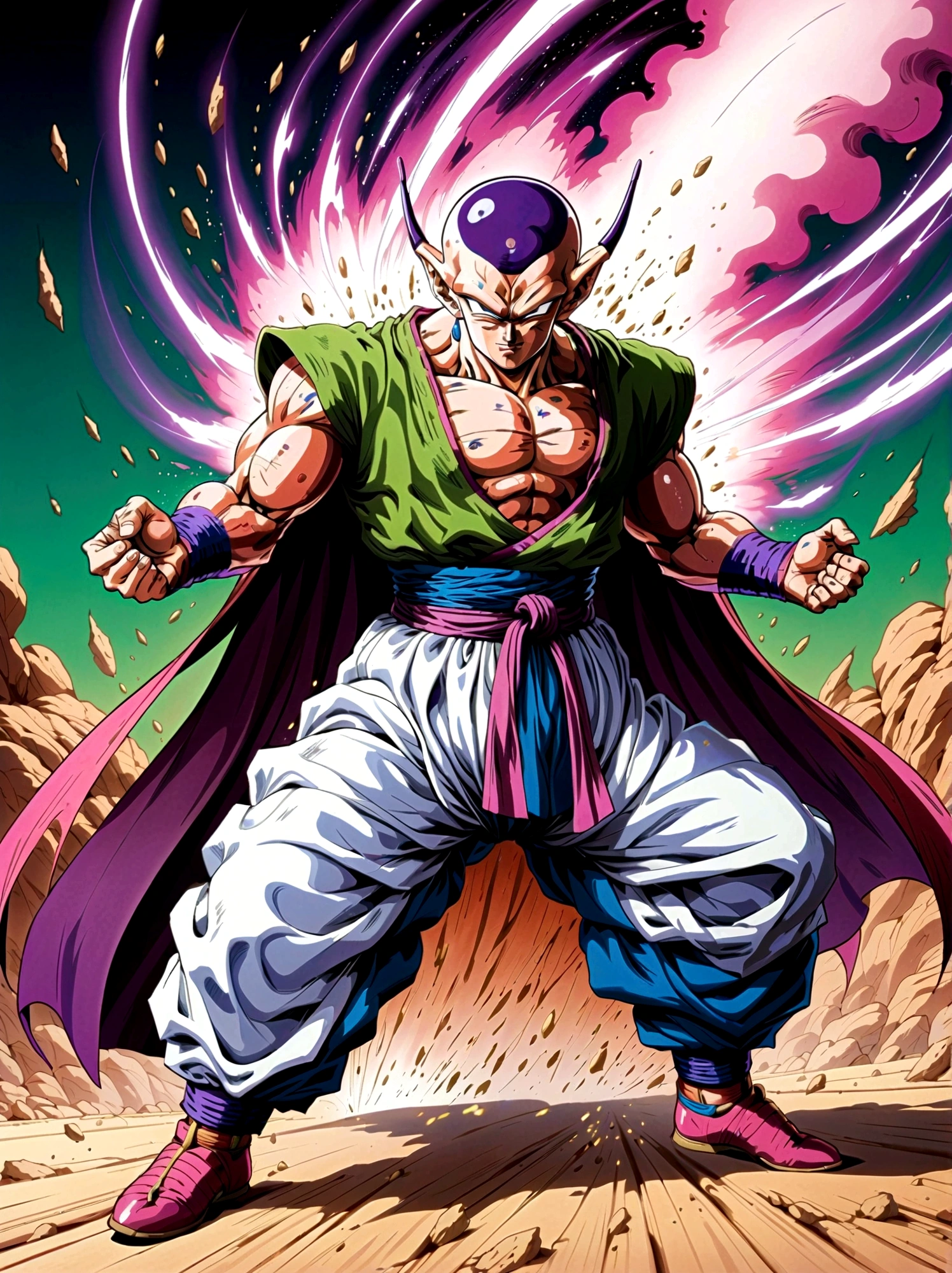 piccolo, green skin, pointy ears, black eyes, oni horns, pink patches, white cape, white turban, purple dougi, purple pants, blue sash, brown shoes, ，Looking at the audience，Dynamic poses，fighting，Explosion，Explosion Background，Martial arts tournament background