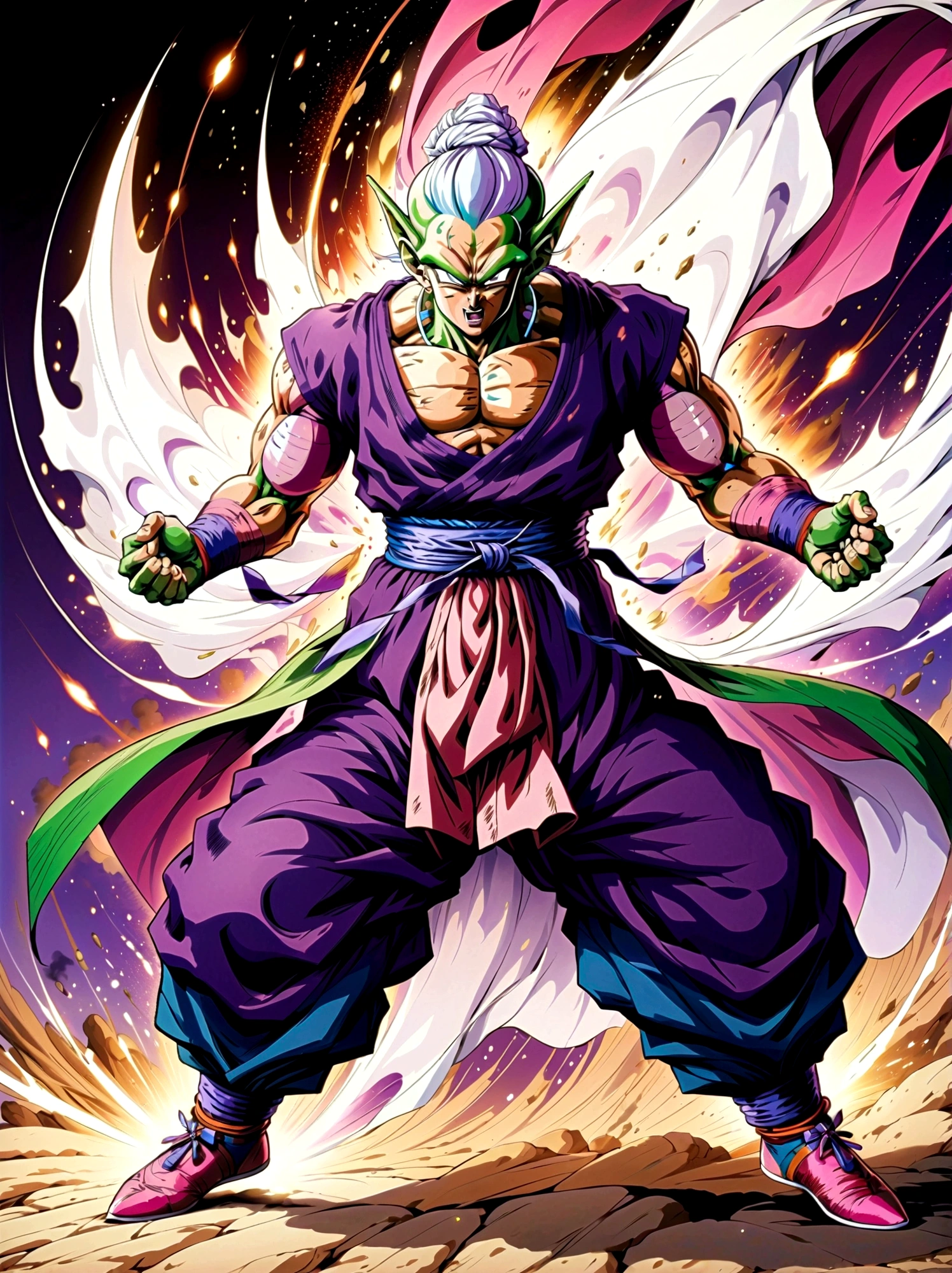 piccolo, green skin, pointy ears, black eyes, oni horns, pink patches, white cape, white turban, purple dougi, purple pants, blue sash, brown shoes, ，Looking at the audience，Dynamic poses，fighting，Explosion，Explosion Background，Martial arts tournament background