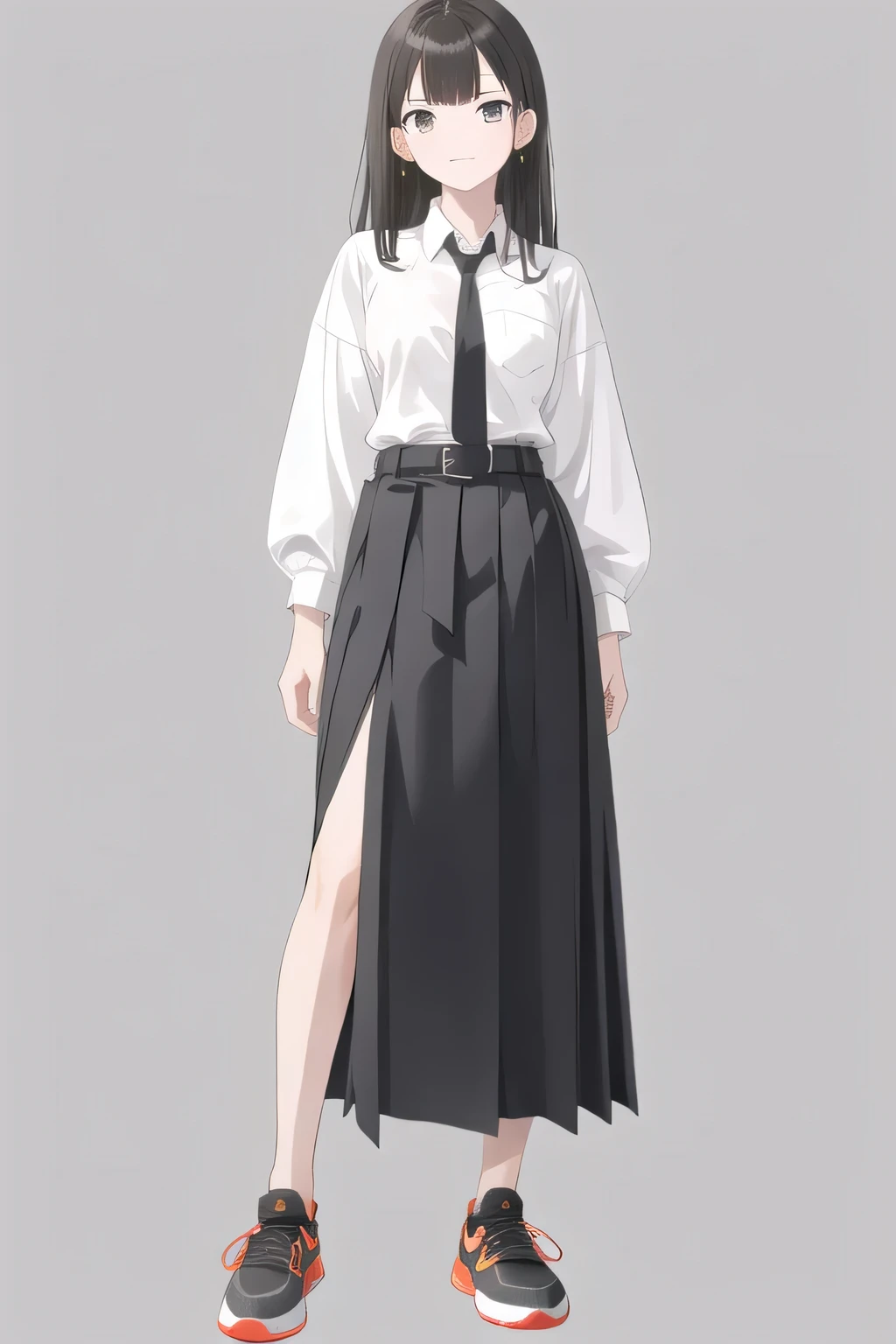 white shirt, long tie through a gray belt, long skirt to gray shoes, full body, Nike shoes, black belt.