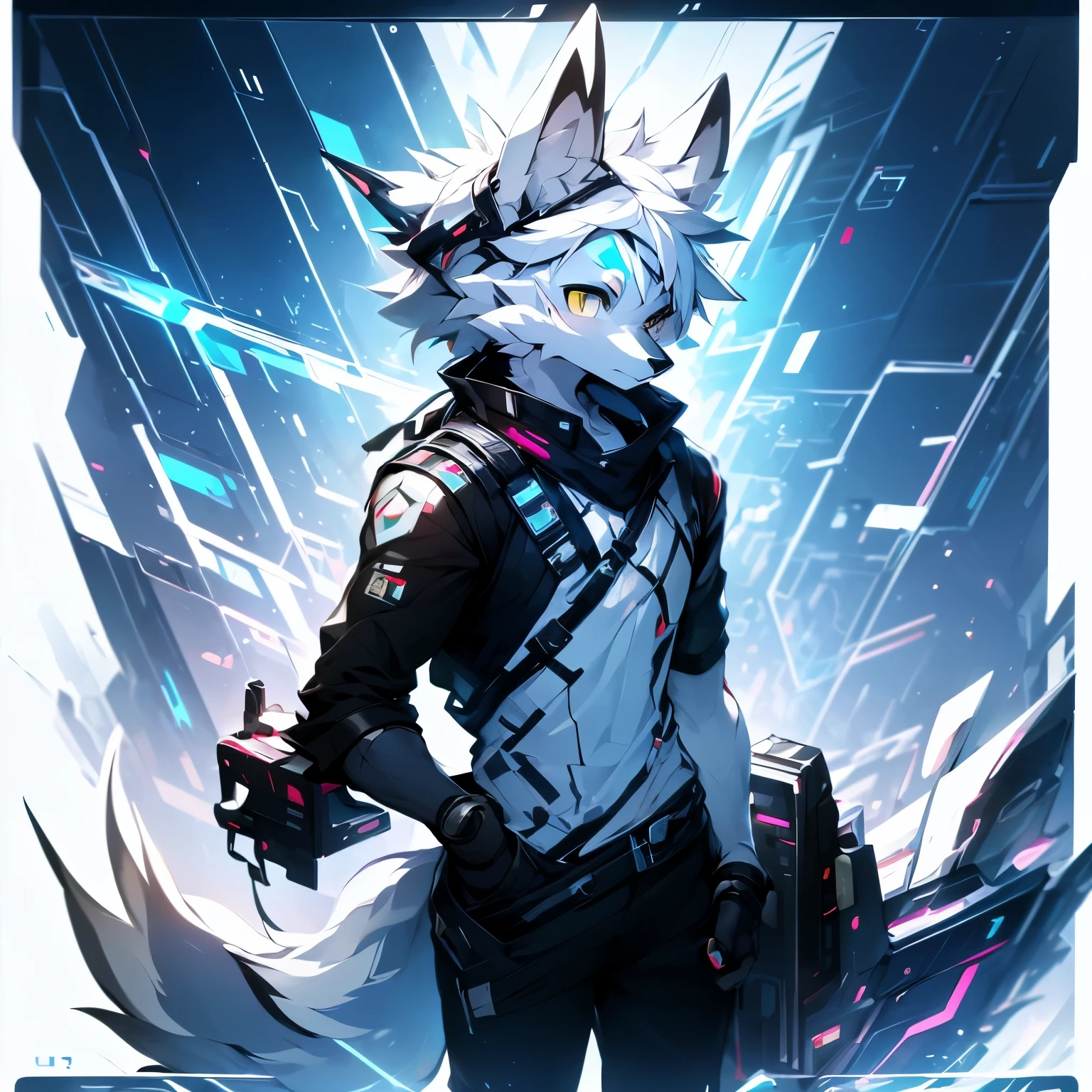cyber punk perssonage,epcot,Tech style,solo person,White body,White ears,White hair,Overall white,Orange-yellow eyes,Wolf tail,Wolf orcs,Young,Wear a short-sleeved shirt,Ultra-clear screen,Soft lines