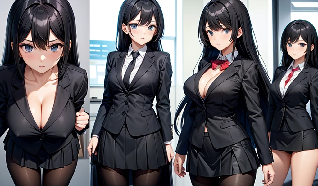 Black long straight adult female，，cleavage，Suit，Short skirt，underwear，，black pantyhose，office