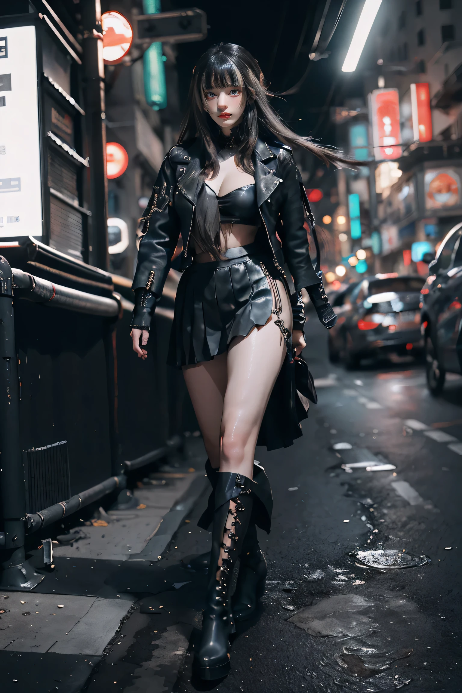 (((NSFW0.7)))，Better Quality, Realist,(Intricate details: 1.2), Sharp focus, Official Art, unity wallpaper 8k, Absurd, unbelievably Absurd,  1 girl, so beautiful, (run away), Perfect hands,  Perfect Face, (Cyberpunk Blouse, leather jacket, Mart boots) ,((Pleated skirt) ), ((Supermodel posture)),((Big Breasts)),(See through)