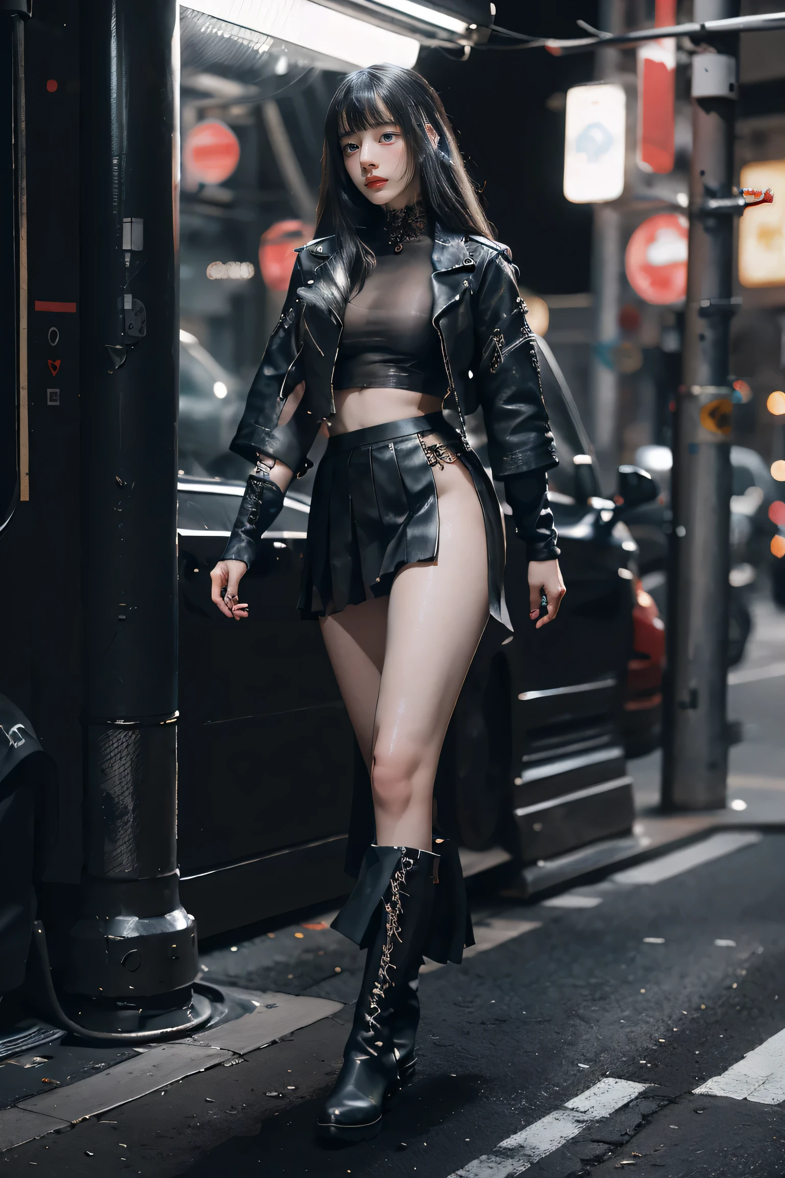 (((NSFW0.7)))，Better Quality, Realist,(Intricate details: 1.2), Sharp focus, Official Art, unity wallpaper 8k, Absurd, unbelievably Absurd,  1 girl, so beautiful, (run away), Perfect hands,  Perfect Face, (Cyberpunk Blouse, leather jacket, Mart boots) ,((Pleated skirt) ), ((Supermodel posture)),((Big Breasts)),(See through)