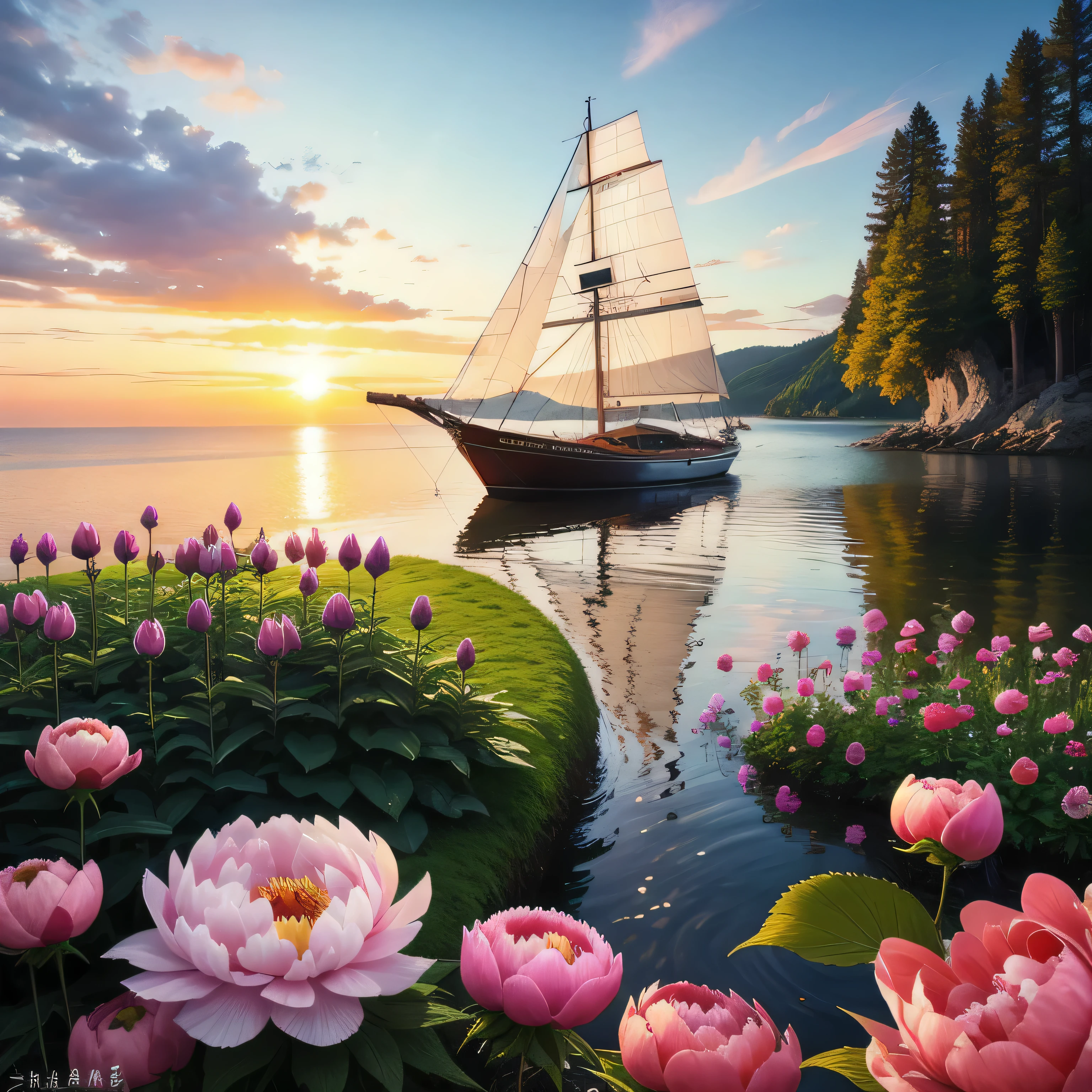 Peony flowers from、Sunrise sun、Sailboat sailing in the sea of flowers