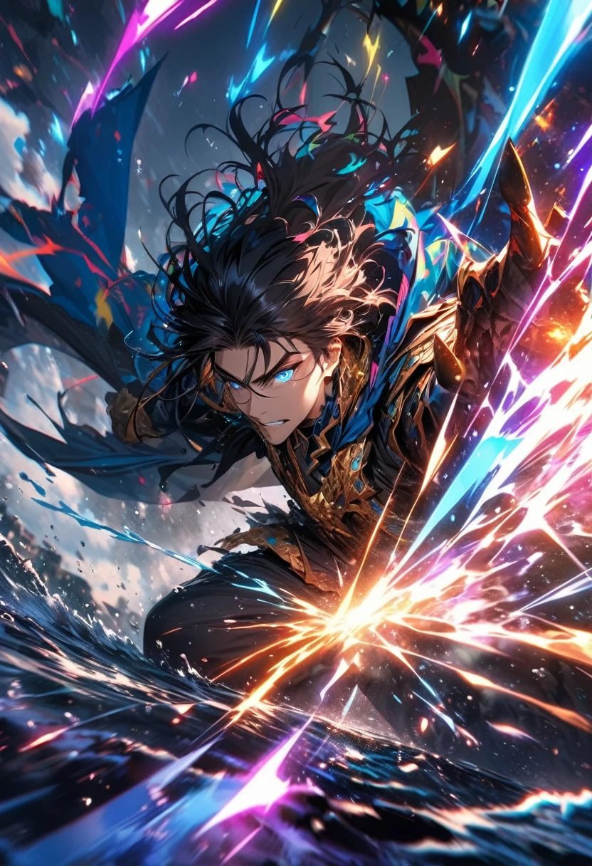 absurdres, highres, ultra detailed, HDR, masterpiece, extremely detailed face and eyes, dragon knight , colorful black hair , , solo, man, handsome, , , Epic fight scene, colorful water splashing effect,colorful lightning effect,glowing glitters