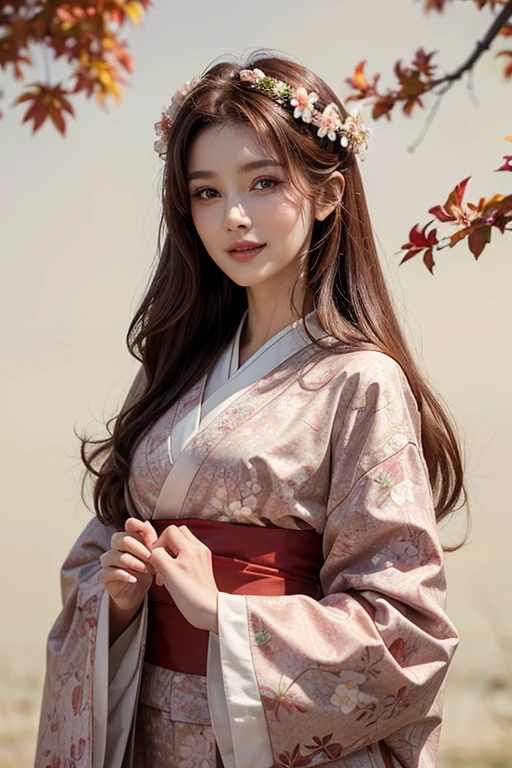 Reddish brown hair、Beauty、Well-proportioned face、The nose is high、Thin lips、smile、Mature atmosphere、Tall models、Age is in the early 30s、Pink floral kimono、White flower hair ornament、Background mainly featuring autumn leaves
