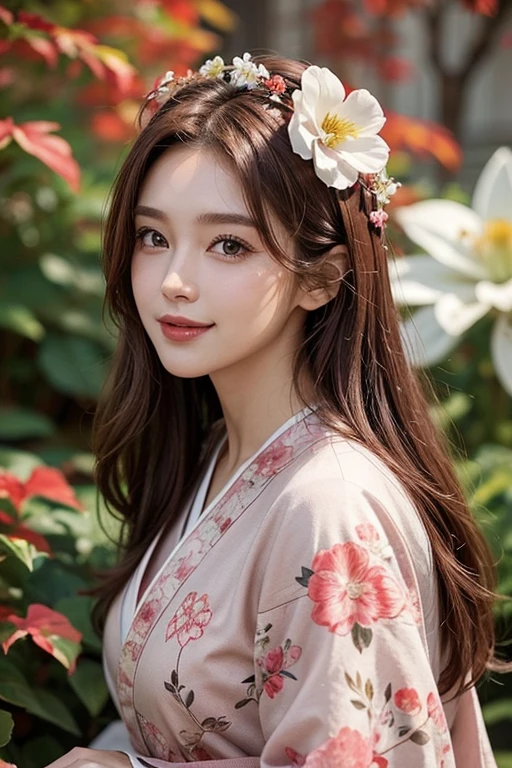 Reddish brown hair、Beauty、Well-proportioned face、The nose is high、Thin lips、smile、Mature atmosphere、Tall models、Age is in the early 30s、Pink floral kimono、White flower hair ornament、Background mainly featuring autumn leaves