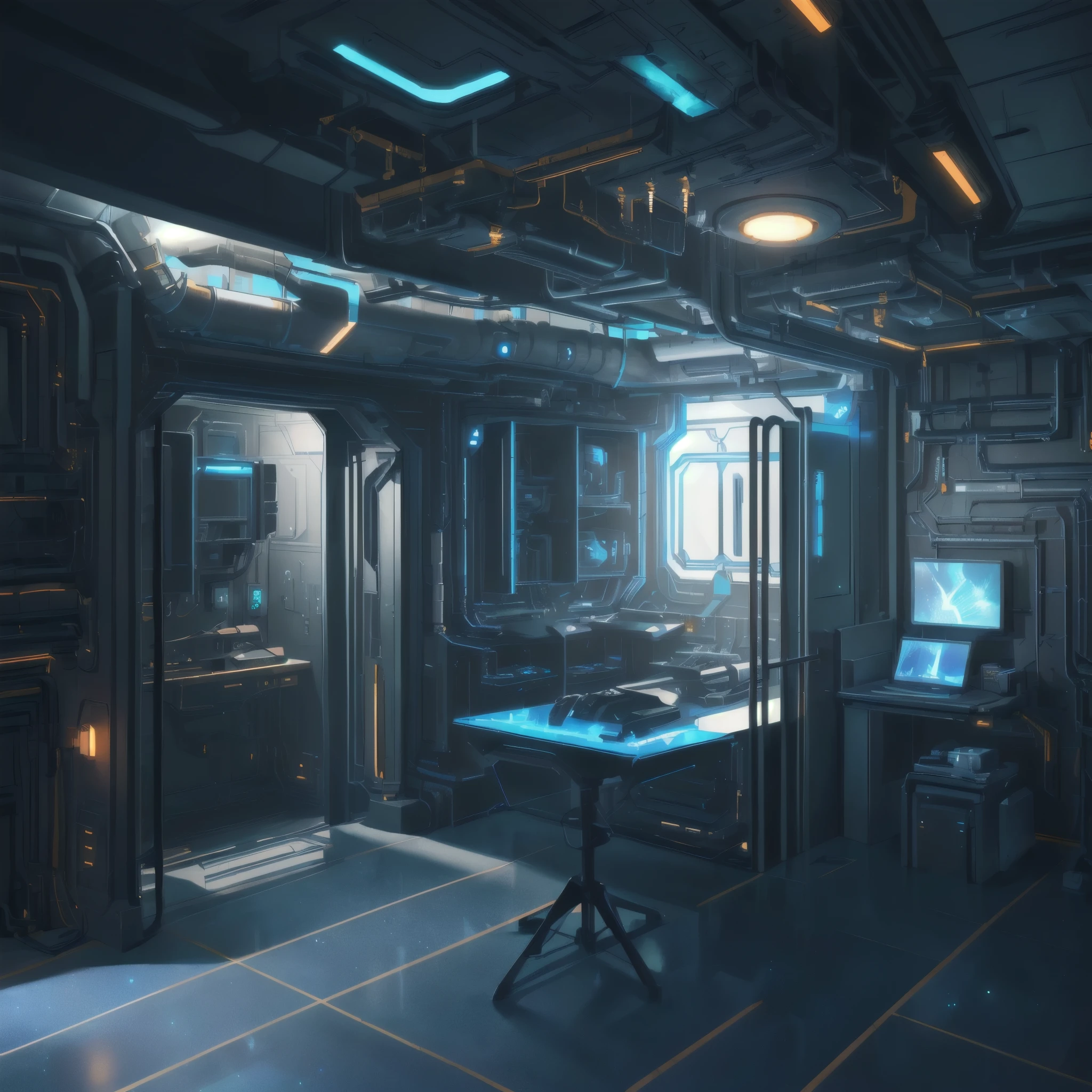 There is a room,There is a bed and a table inside, Know-Become Inner, Sci-fi room, sci-fi environment, Sci-fi engine room living room, space station interior, Sci-fi scene, Detailed spaceship interior, Sci-fi environment, Detailed textures and lighting, Rendering with Unreal Engine 5, Sci-fi background, Sci-fi background, Unreal Engine. Chinese style