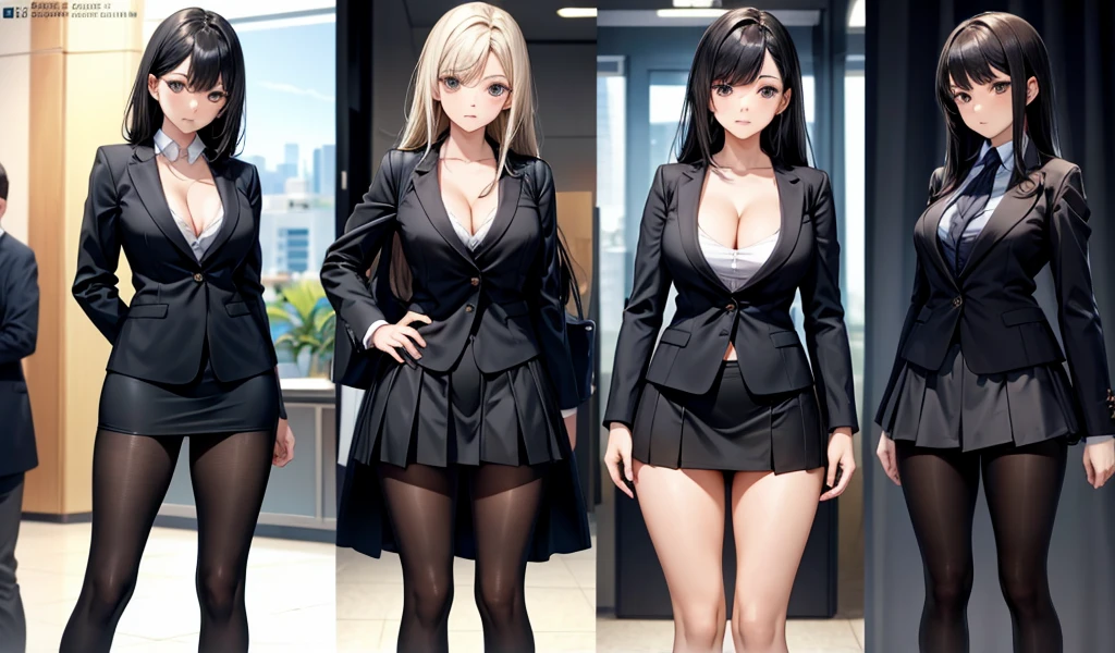 Black long straight adult female,,cleavage,Suit,Short skirt,underwear,,black pantyhose,office