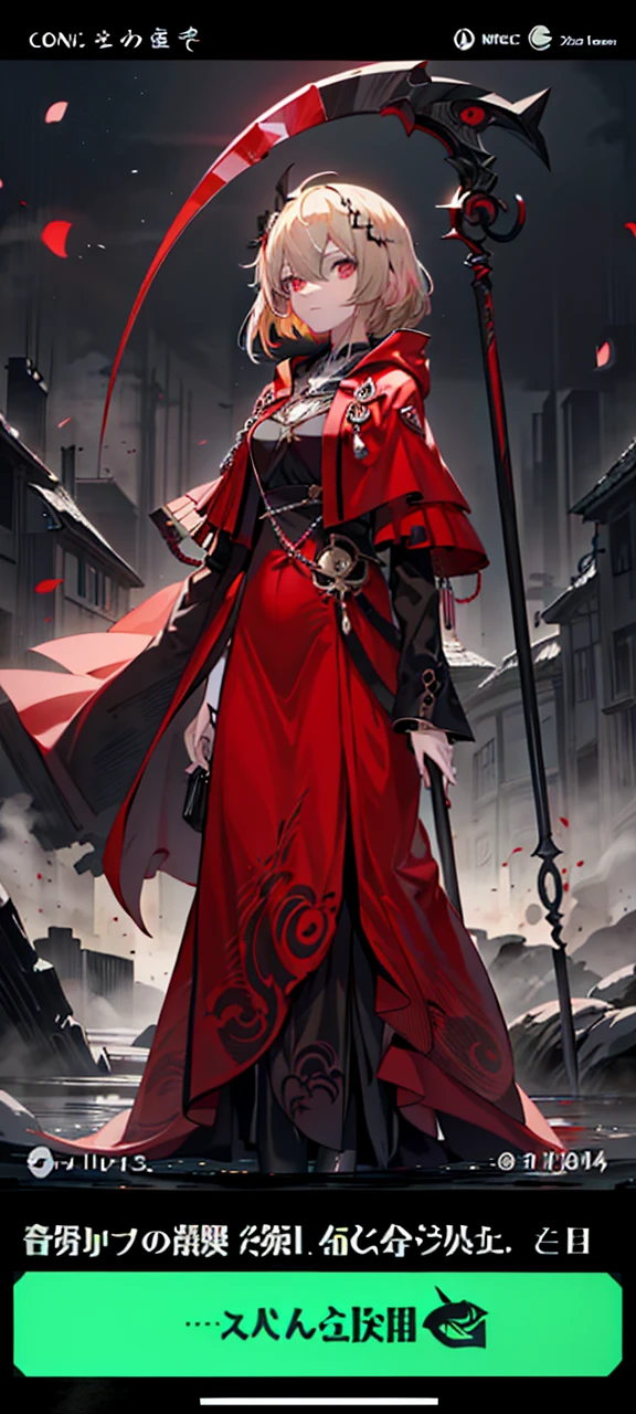 style of anime，Best quality, Masterpiece, The is very detailed，A close-up of a girl，blond hairbl，Single horsetail，With gray eyes，Black dress robe，White cloak，white stockings，nipple tassels，trinkets，Girl body type，long leges，smallunderaintess，She held a black-red scythe in her hand，The gaze is cold，The contrast is cute，Background blood red