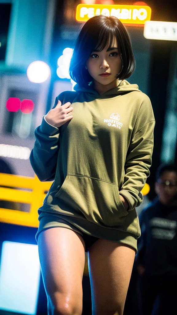 Masterpiece, (best quality:1.4), ultra high res, master photography, professional color grading, depth of fields, rule of third, 50mm, film grain, (photorealistic:1.4), cinematic lighting, chromatic abberation, 1girl, short hair, wearing grey hoodie, streetwear, hypebeast, detailed face, detailed eyes, flat chest, looking at viewer, front view, cowboy shot, Hong Kong street background, night, city light, blurry background, sfw