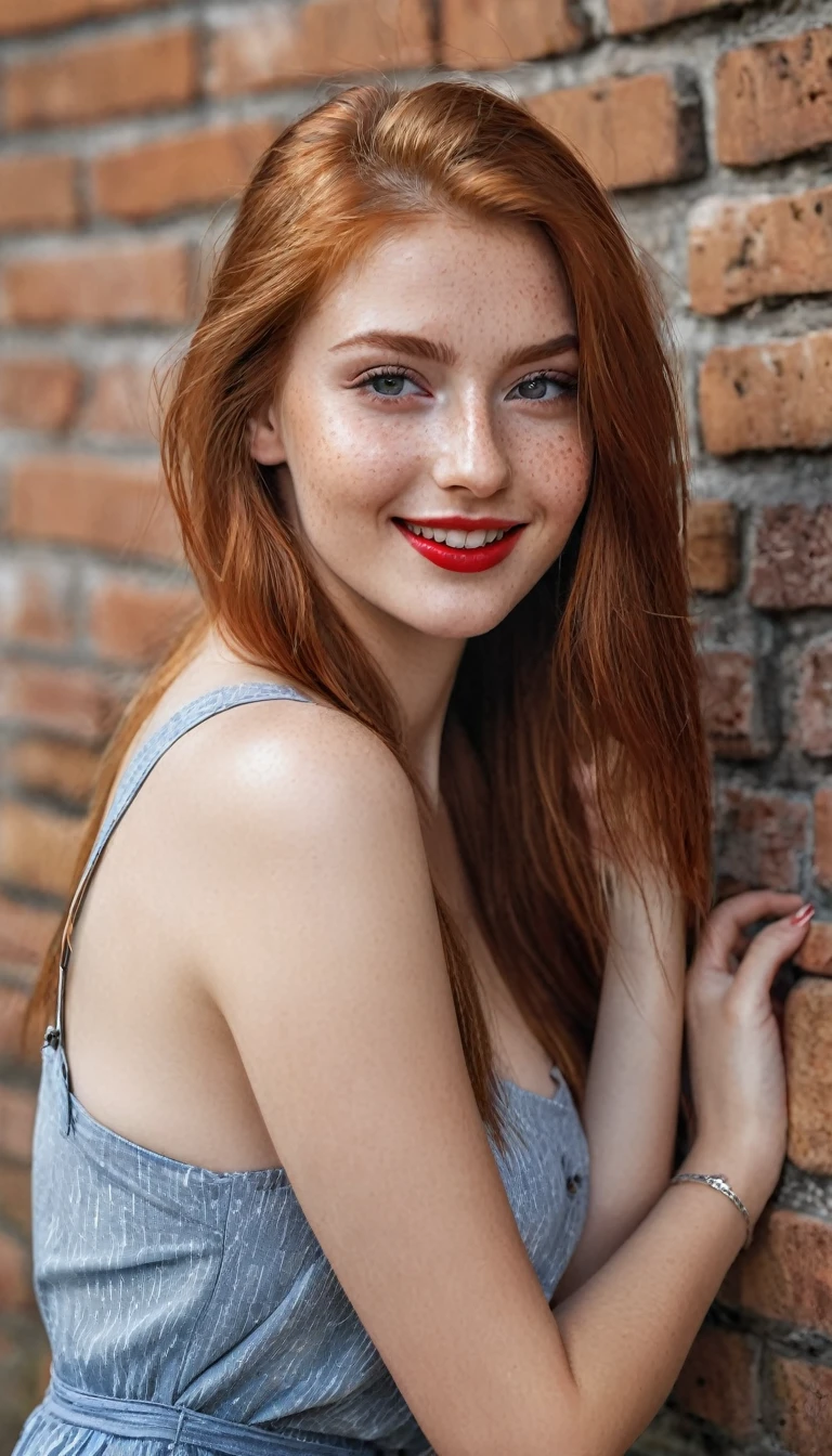 hyperrealistic beautiful busty 19-year-old woman with long legs wearing casual summer outfit, model shooting full body photography, natural redhead very long straight hair, freckles, soaky wet skin, dark eye makeup with eyeliner, seductive smile, red lips, 8K, Best quality, Meisterwerk, ultra high resolution, (Realismus: 1.4), Originalfoto, (realistische Hautstruktur: 1.3), (Filmkorn: 1.3), (Selfie-Winkel), 1 girl, Beautiful round hazel eyes and facial details, Meisterwerk, Best quality, outdoor photography in front of an old brickwall, nsfw