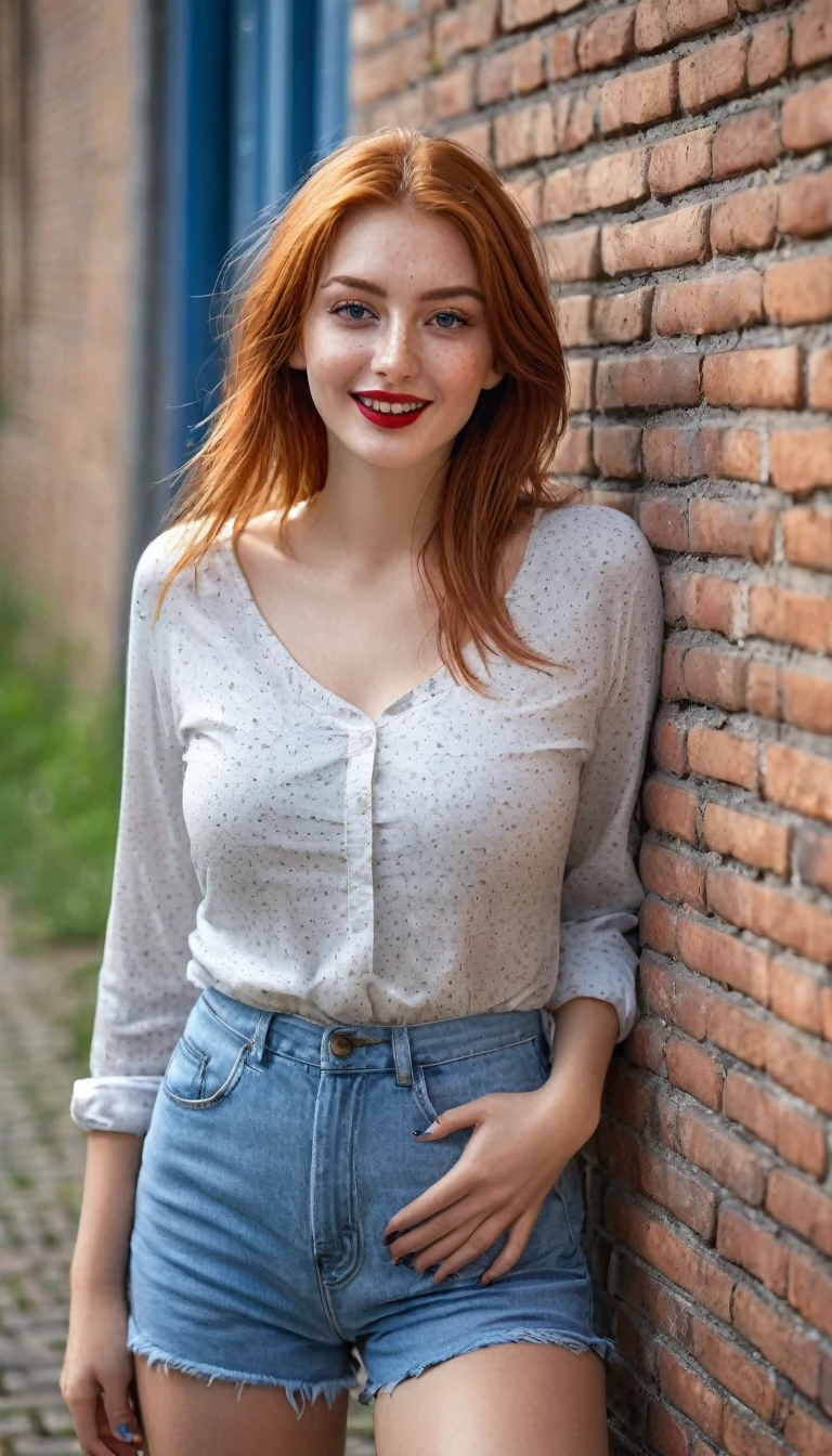 hyperrealistic beautiful busty 19-year-old woman with long legs wearing casual summer outfit, model shooting full body photography, natural redhead very long straight hair, freckles, soaky wet skin, dark eye makeup with eyeliner, seductive smile, red lips, 8K, Best quality, Meisterwerk, ultra high resolution, (Realismus: 1.4), Originalfoto, (realistische Hautstruktur: 1.3), (Filmkorn: 1.3), (Selfie-Winkel), 1 girl, Beautiful round hazel eyes and facial details, Meisterwerk, Best quality, outdoor photography in front of an old brickwall, nsfw
