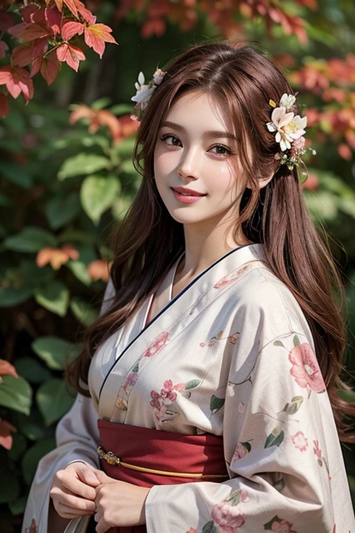 Reddish brown hair、Beauty、Well-proportioned face、The nose is high、Thin lips、smile、Mature atmosphere、Tall models、Age is in the early 30s、Pink floral kimono、White flower hair ornament on the side、Background mainly featuring autumn leaves