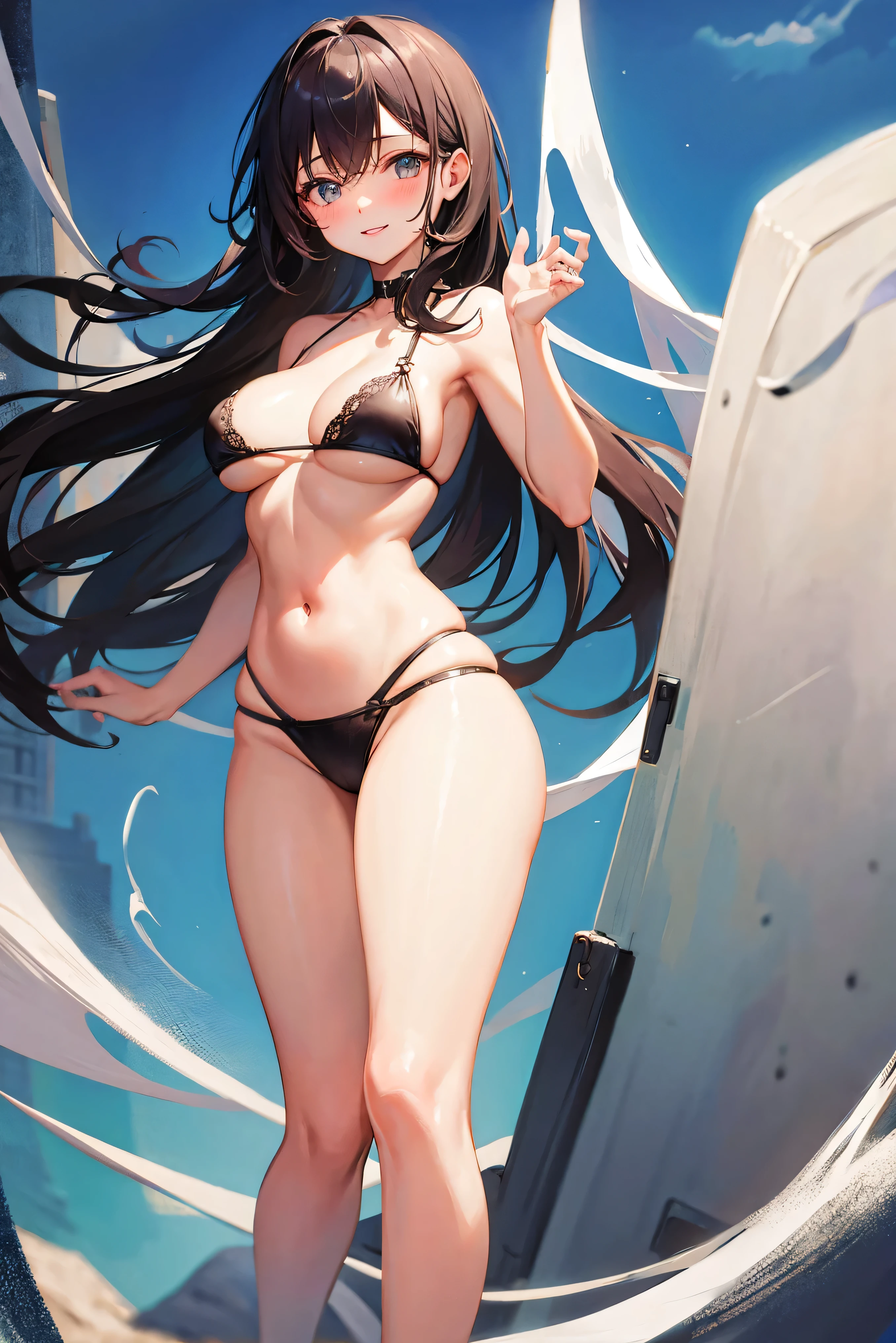 ((Masterpiece, Excellent)), (1girl), solo, single, (()), brunette hair, bangs, bursting breaile, thin waist, wide hips, stockings, cleavage, s, hands behind back, bikini, big breasts, big brhs, perfect bip gloss, blush, lace-up bikini,