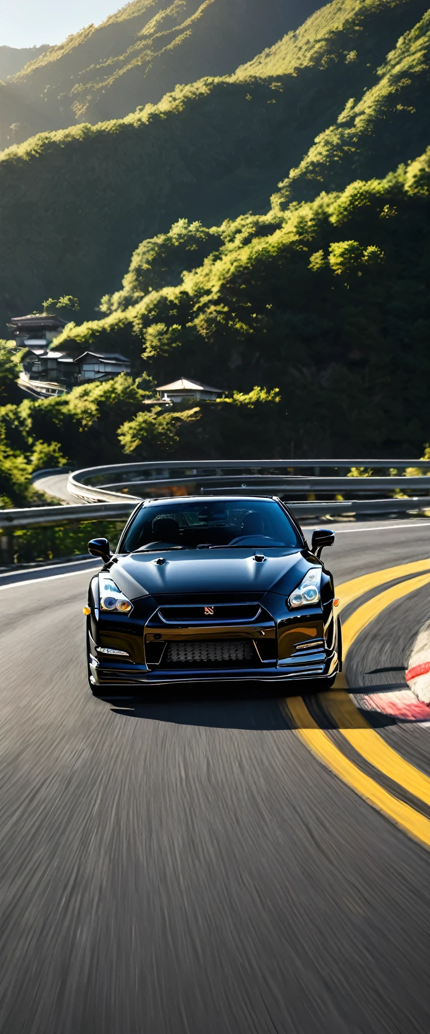 A black 2000 Nissan Skyline GT-R、A glimpse of the car cruising along the roads in the sunlight.、Picturesque mountain々Against the backdrop of、Photorealistic and hyper-realistic、And it's an absolutely stunning depiction.。This high-definition masterpiece is packed with attention to detail.、It feels like you're stepping out of the wallpaper onto the road。The sun sets behind the mountains、Casts a long, dramatic shadow、Adding a touch of surrealism to this car enthusiast's dream。