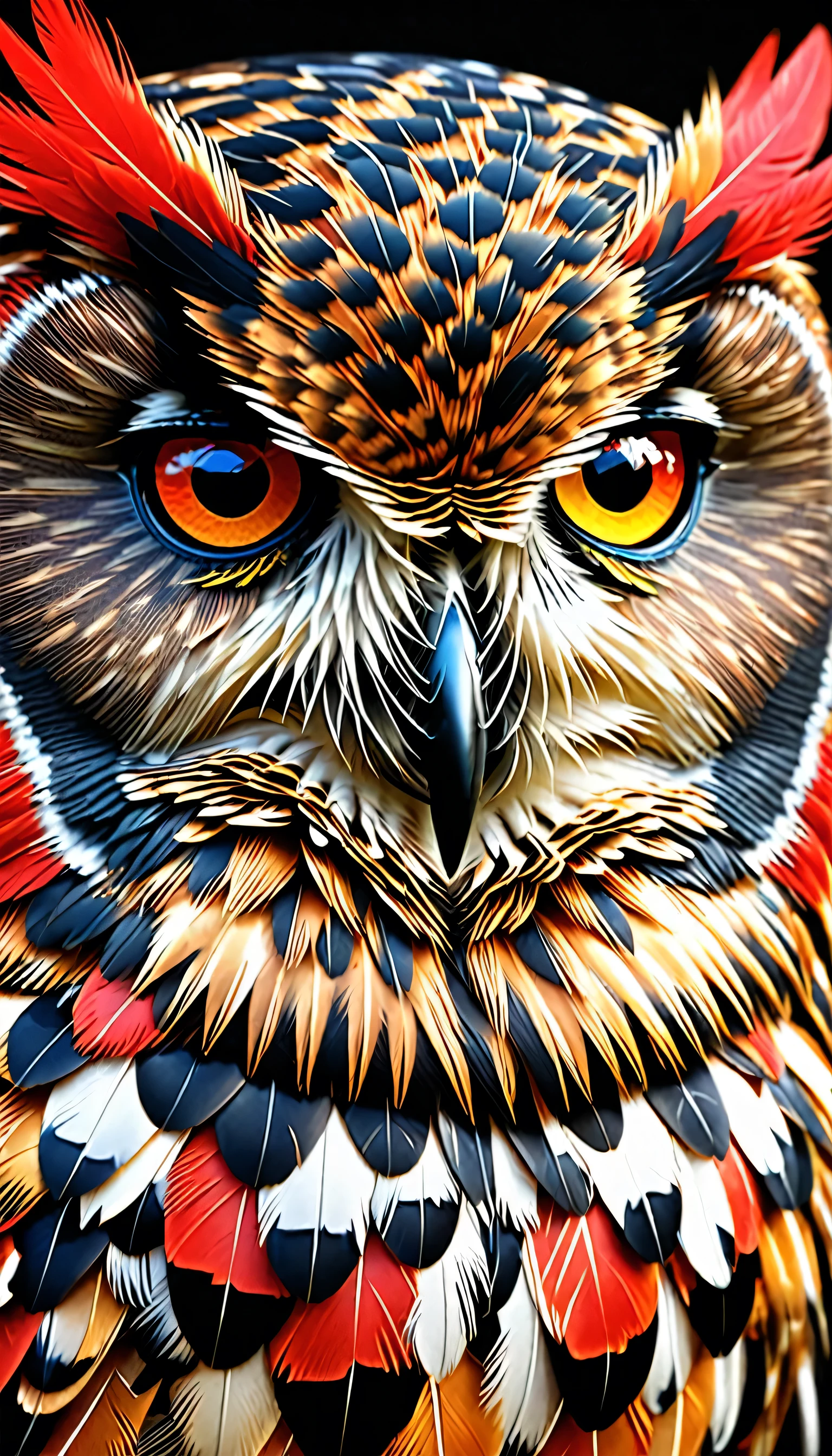 a close up of an owl with red and black feathers, owl, superb detail 8 k masterpiece, detailed beautiful animals, hyperrealistic robot owl, superb detail 8 k, digital art animal photo, behance. polished, birds f cgsociety, realistic. detailed feathers, detailed realistic beautiful, portrait of a geometric owl, great digital art with details