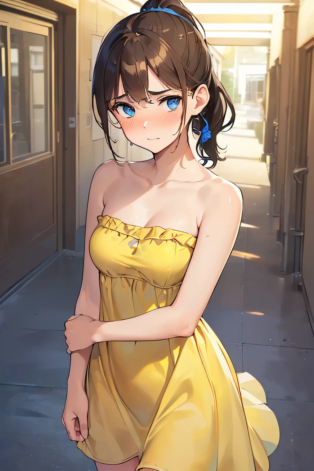 ((best quality)), ((masterpiece)), ((detailed)), (((perfect face))), (((18yo teenage girl))), (((medium breasts))), (((strapless yellow sundress))), ((dark brown hair)), ((short ponytail)), (((blue eyes))), (((shy:1.1))), (((blushing:1.1))), (((bare arms))), (((bare shoulders))), (((school corridor)))), (((walking)))
Smiling，Large Breasts