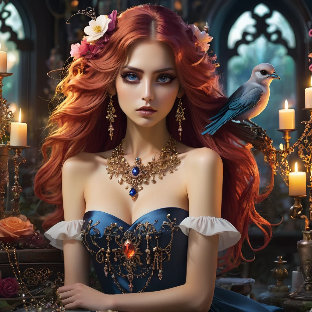 1 topless girl, long bloody hair, seductive eyes, mysterious expression, mature appearance, charming dress, flowing short dress, elegant jewelry, intricate decoration, magic symbols, glowing accessories, potions, scrolls, cute accents, bows, ribbons, flowers, birds, skeleton